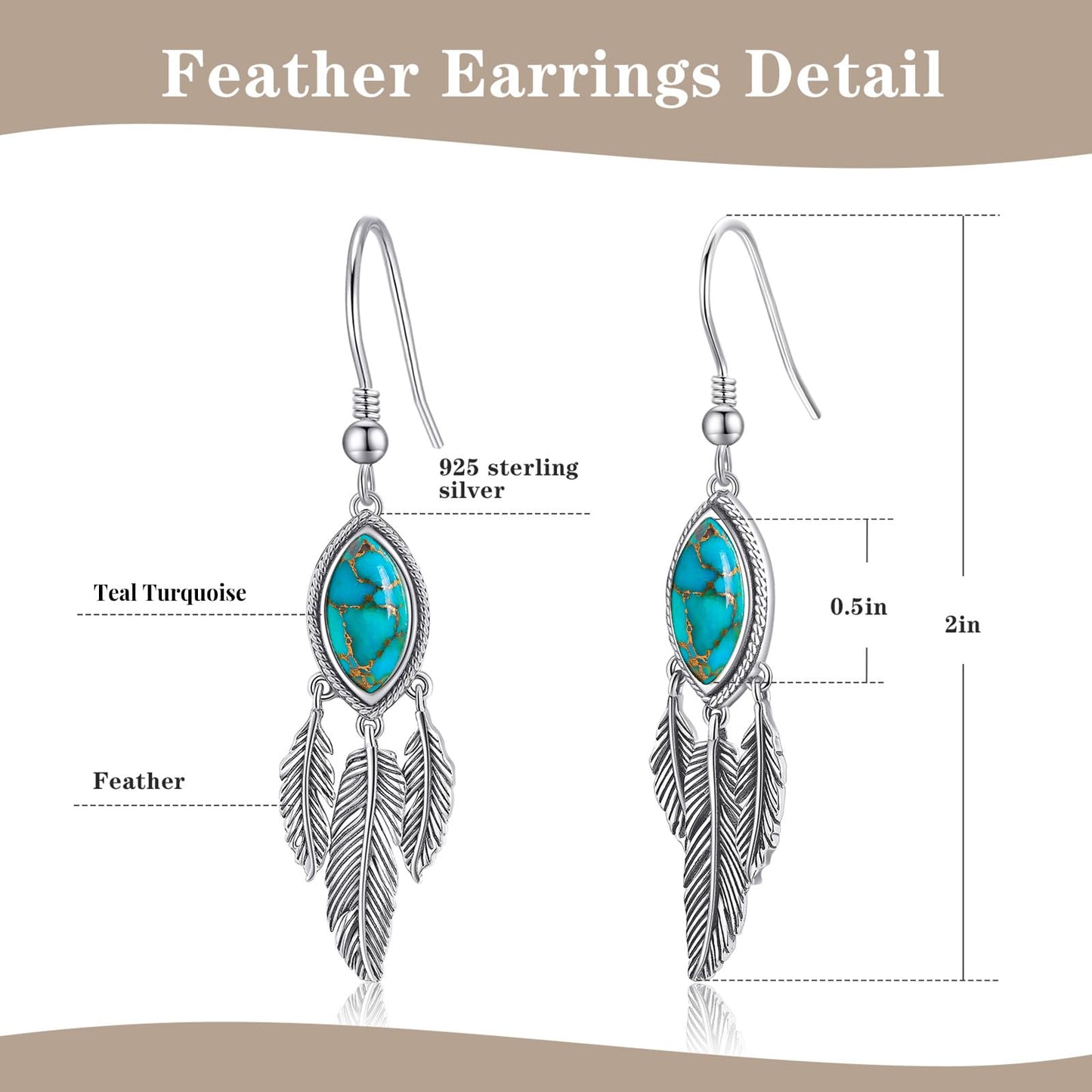 AVECON Genuine Teal Turquoise Feather Dangle Earrings for Women, 925 Sterling Silver Mohave Pierced Drop Earring with Hook and Leaf, Boho Western Country Native American Jewelry for Cowgirl & Cowboy