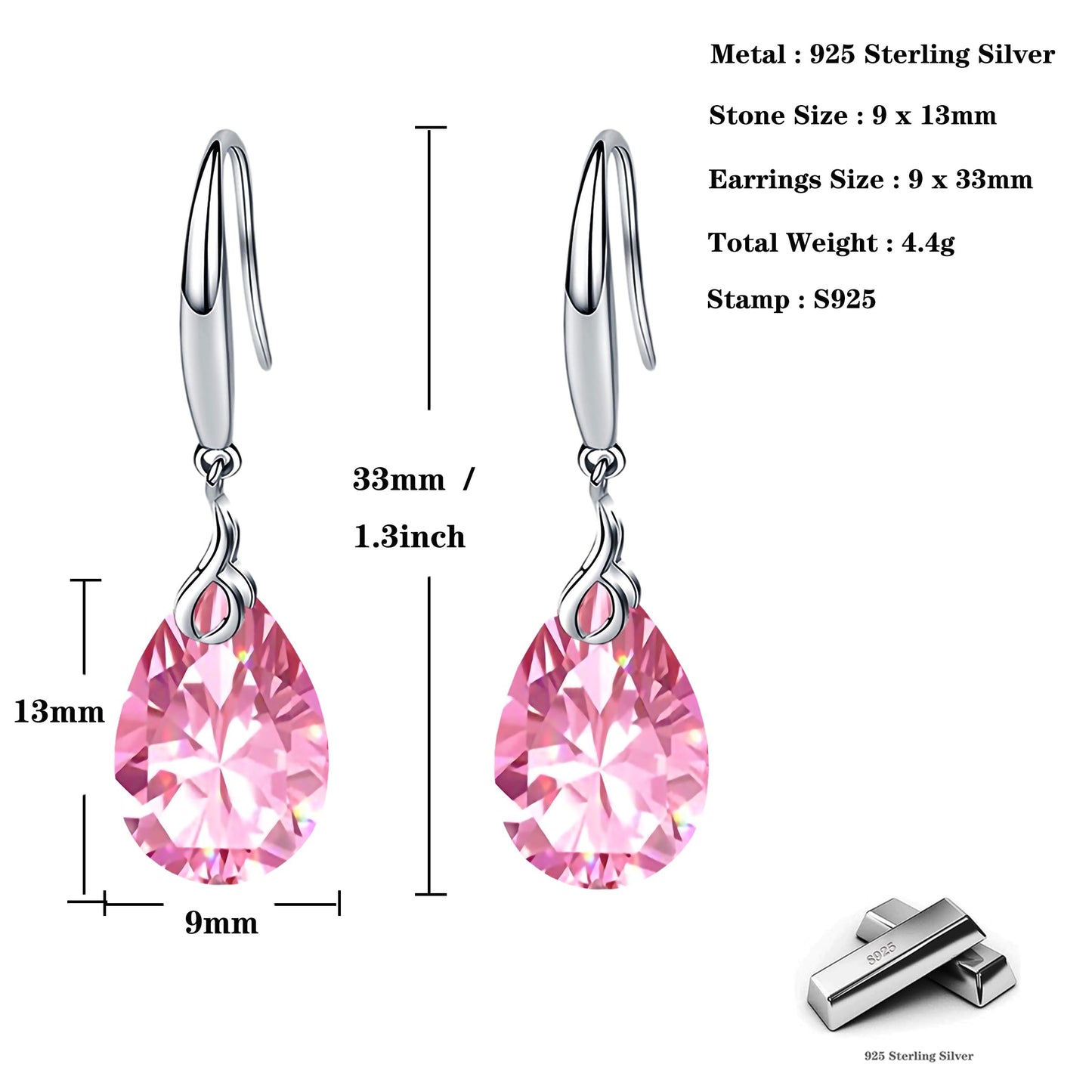 ML S925 Sterling Silver 12mm Naked Drill Crystal Earrings For Women (Earrings Pink color)