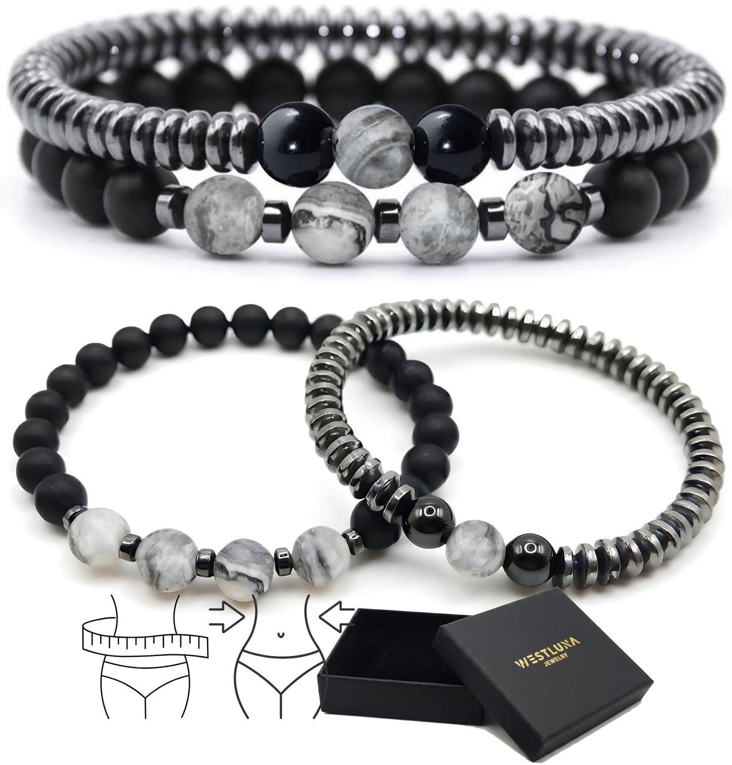 WestLuna Magnetic Bracelets for Women, Magnetic Hematite Bracelet with Black Obsidian, Map Stone. Healing Stone Bracelets for Women Men Lymph Drainage Slimming Energy Bracelet Set (Mapstone, Medium)