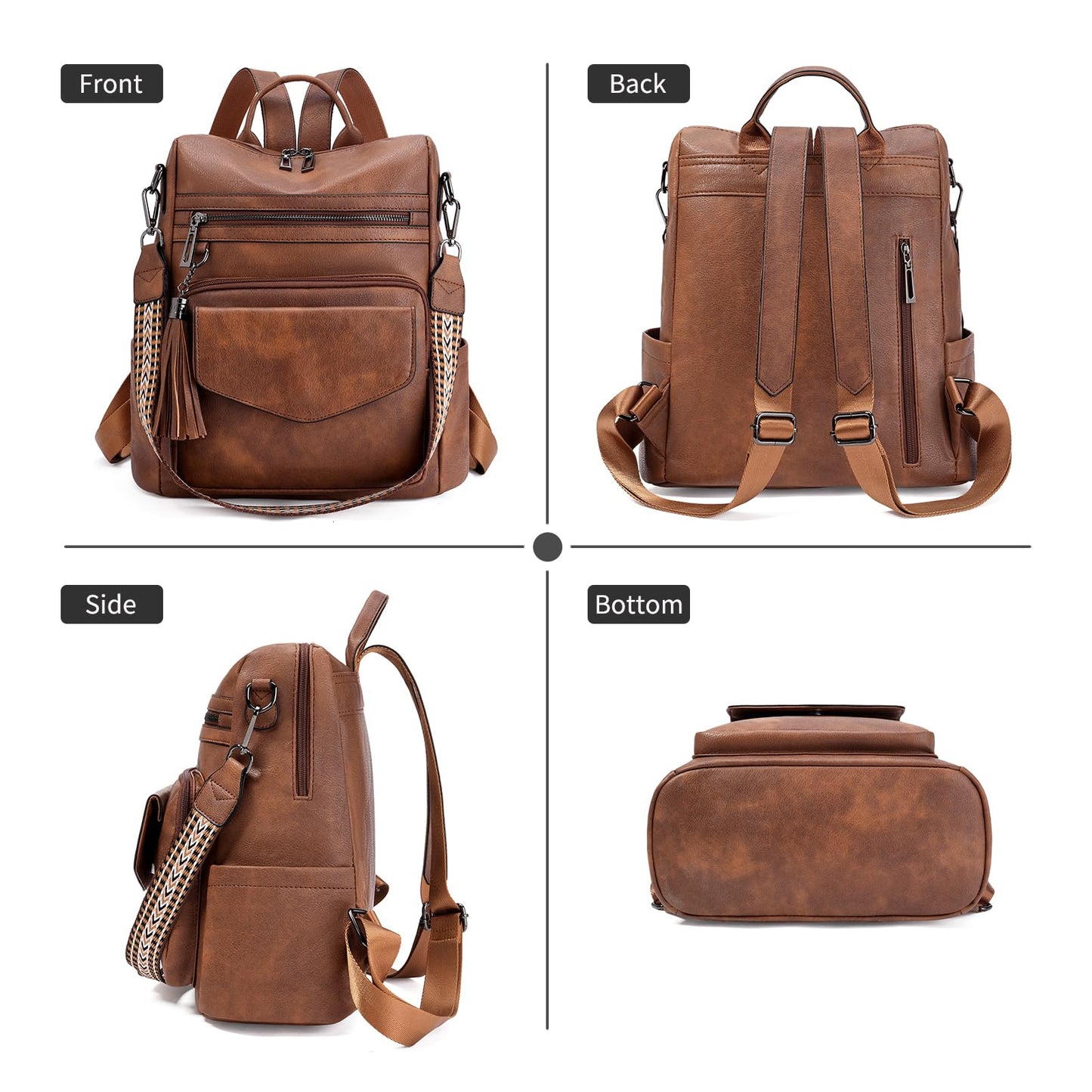 GAEKEAO Backpack Purse for Women Fashion Leather Designer Travel Backpack Purses Convertible Shoulder Bag with Wristlet（Shiny Brown）