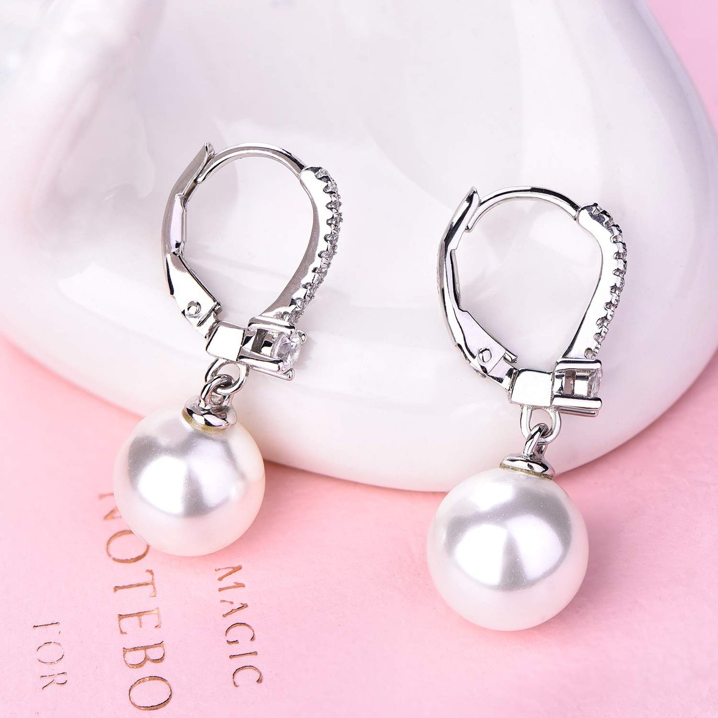 JO WISDOM 925 Sterling Silver Black/White Pearl Earrings for Women with Simulated Dangle Pearls 10mm