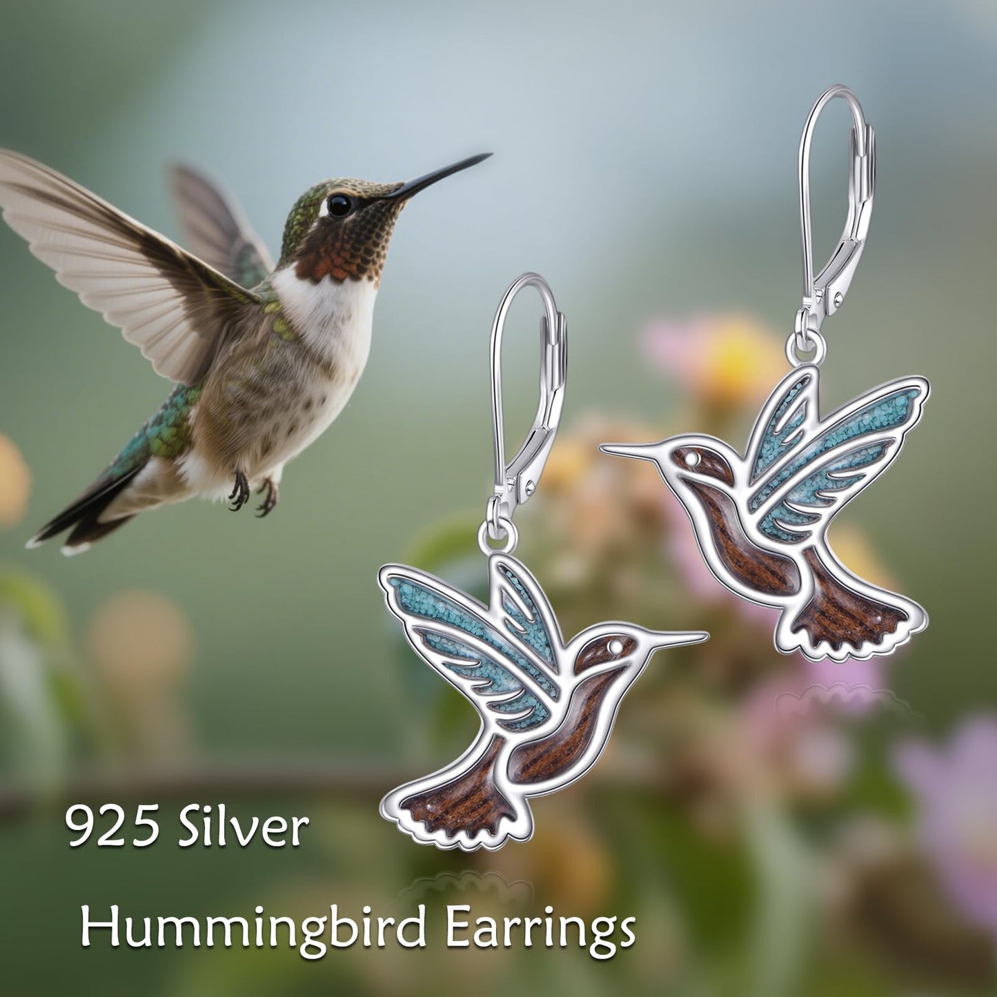 YFN Turquoise Hummingbird Earrings Bird Dangle 925 Sterling Silver Wood Hummingbirds Jewelry Gifts for Women