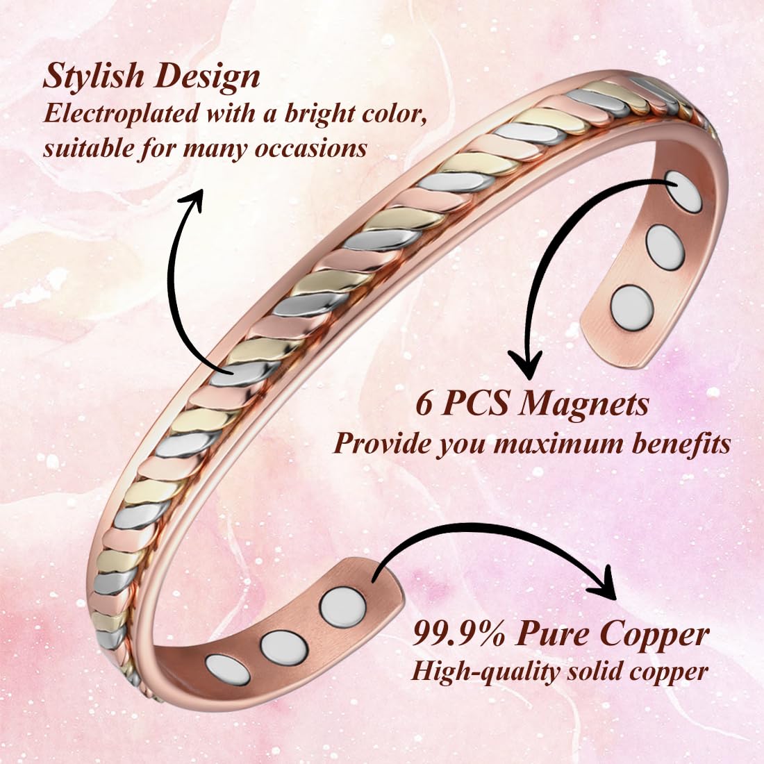 Vicmag Copper Magnetic Bracelet for Women Ultra Strength Magnets 99.9% Pure Copper Jewelry Gift (Braided Tricolour)