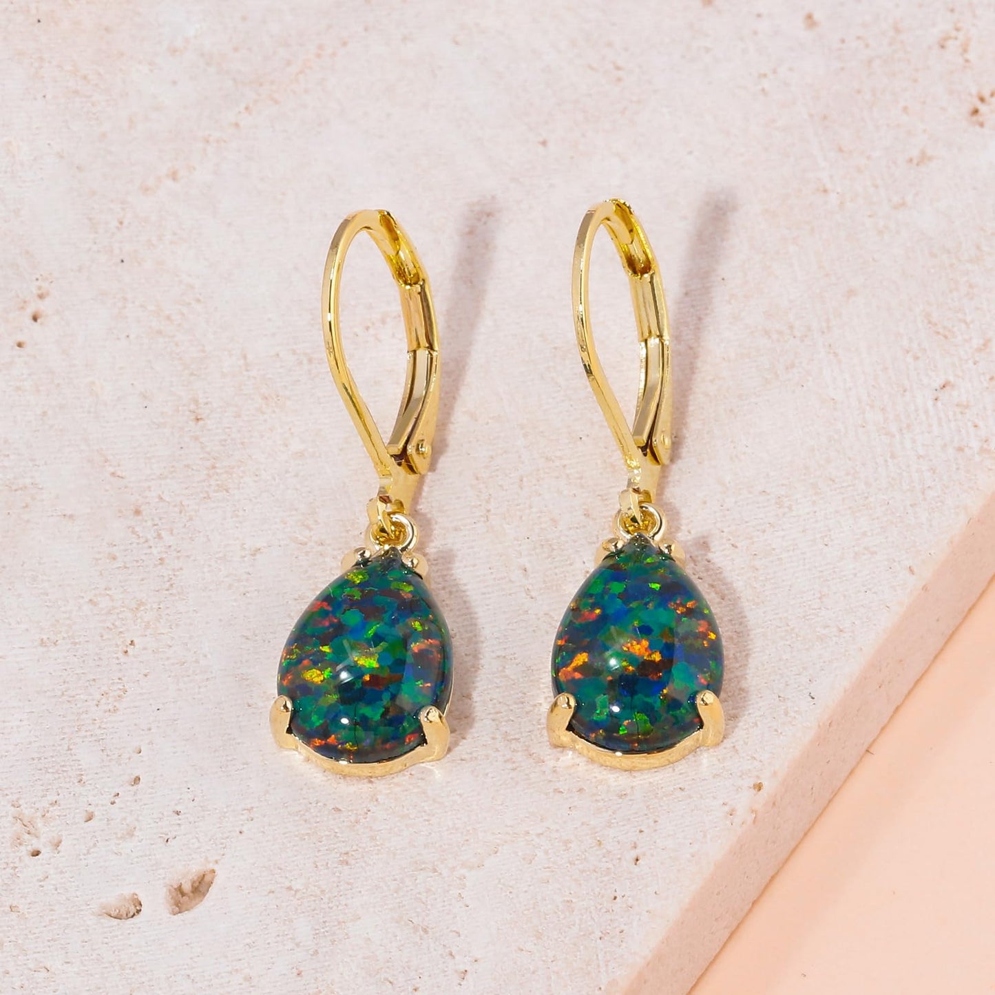 CiNily Teardrop Leverback Dangle Earrings for Women Hypoallergenic Green Black Opal Pendant Drop Earrings 14K Gold Hanging Lever Earrings Graduation Party Jewelry Gifts