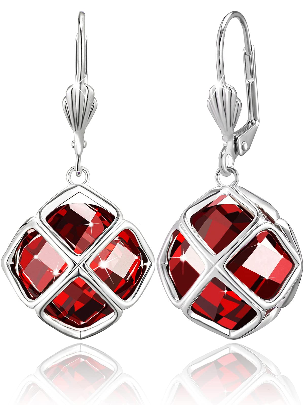 Big Dark Red Crystal Dangle Earrings for Women (Jan-Garnet-White Gold)
