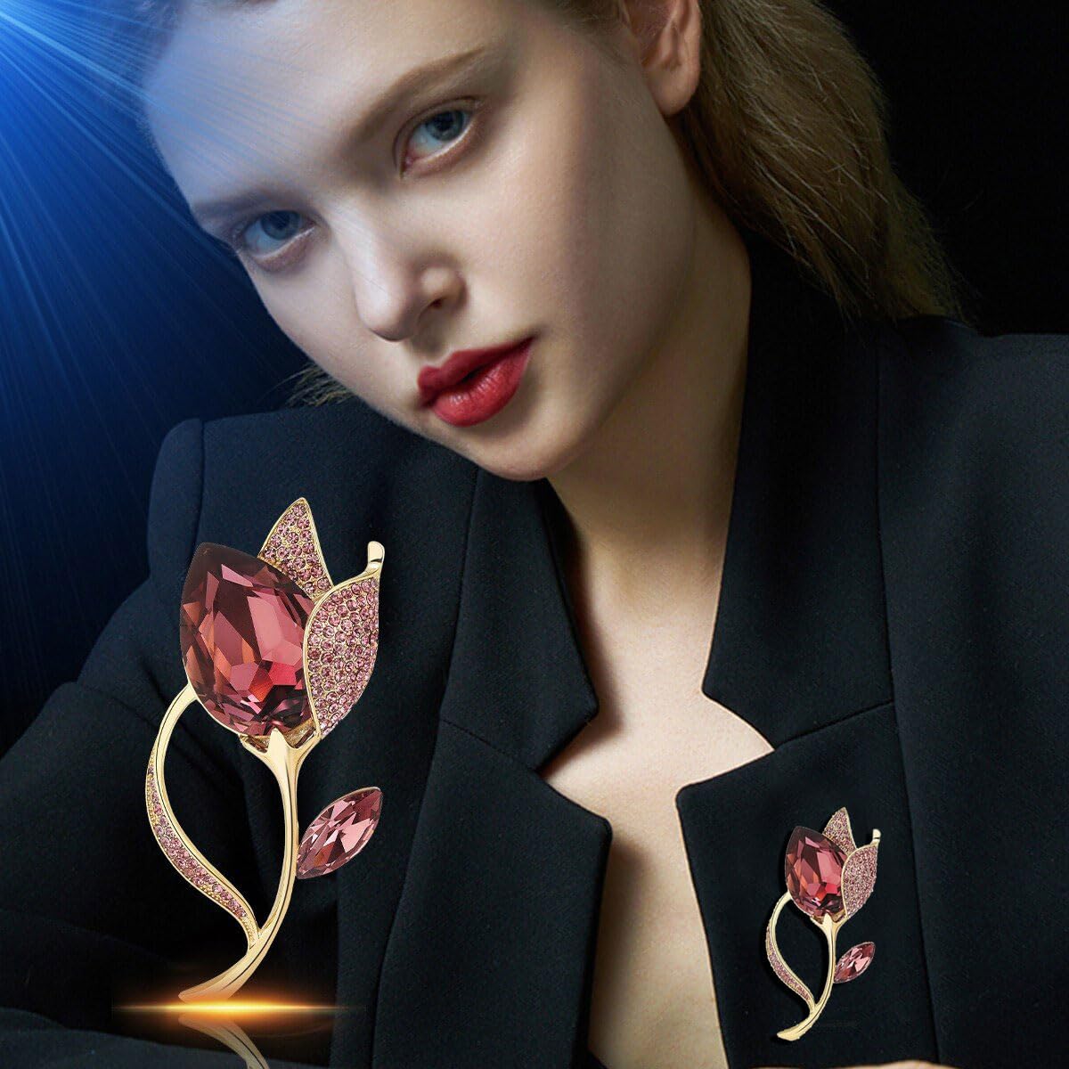 EMEGCY Ruby Tulip Brooch Pin 18K Gold Plated Red Rhinestone Tulip Brooches Pins Flower Christmas Brooch Dress Accessories for Women