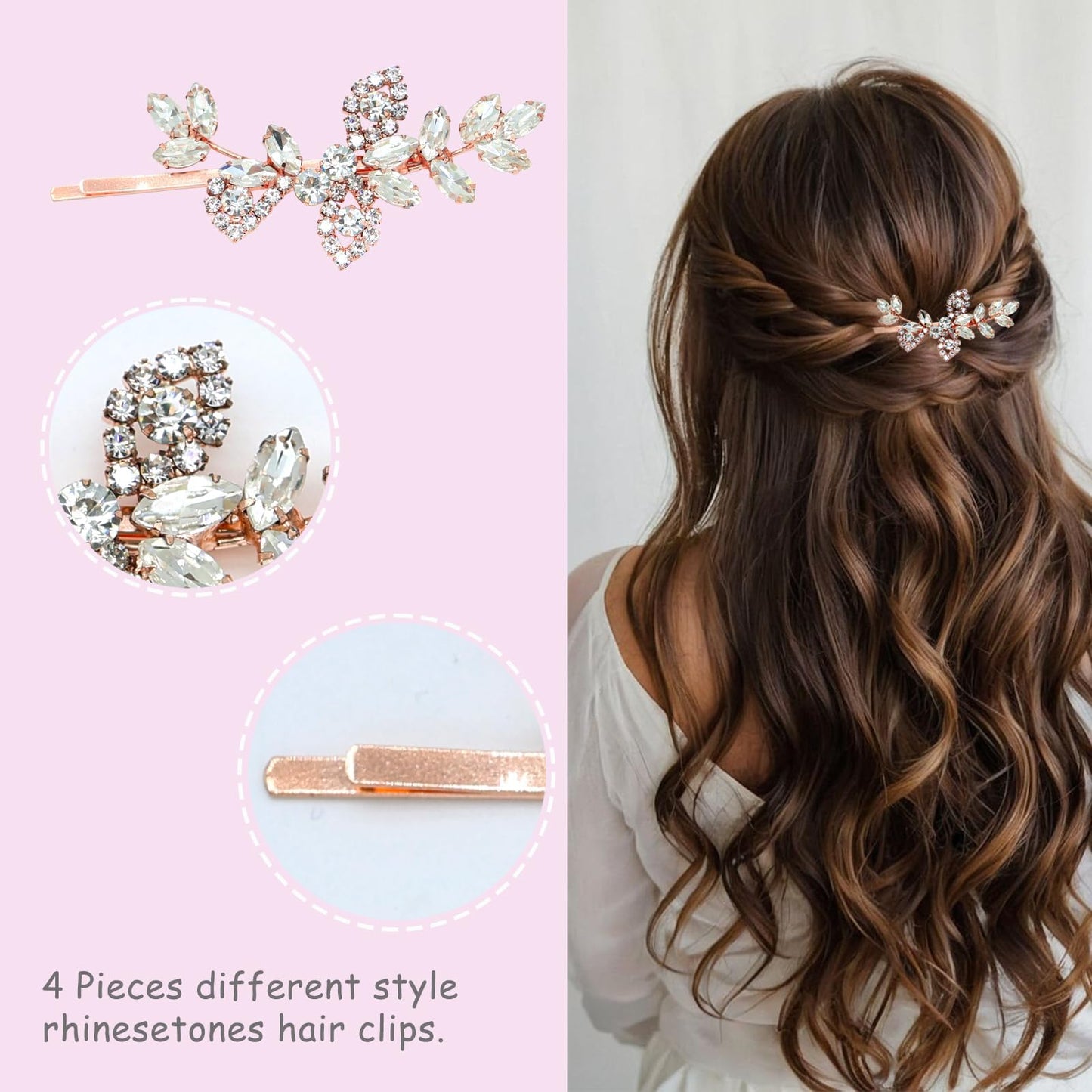 4 Pieces Rhinestone Hair Clips Leaf Wedding Hair Pins Crystal Bobby Pins Bridal Hairpin Barrette for Brides Bridesmaids Flower Girls (Rose Gold)
