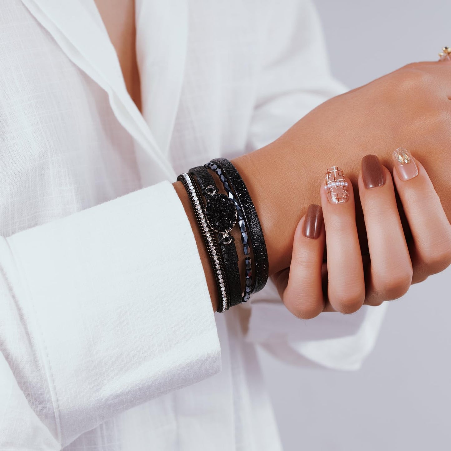 Becklynn Boho Leather Wrap Bracelets Beaded Crystal Stackable Cuff Bracelet with Magnetic Clasp Cowboy Cowgirl County Concert Outfits Western Jewelry Gifts for Women(Stone Black)