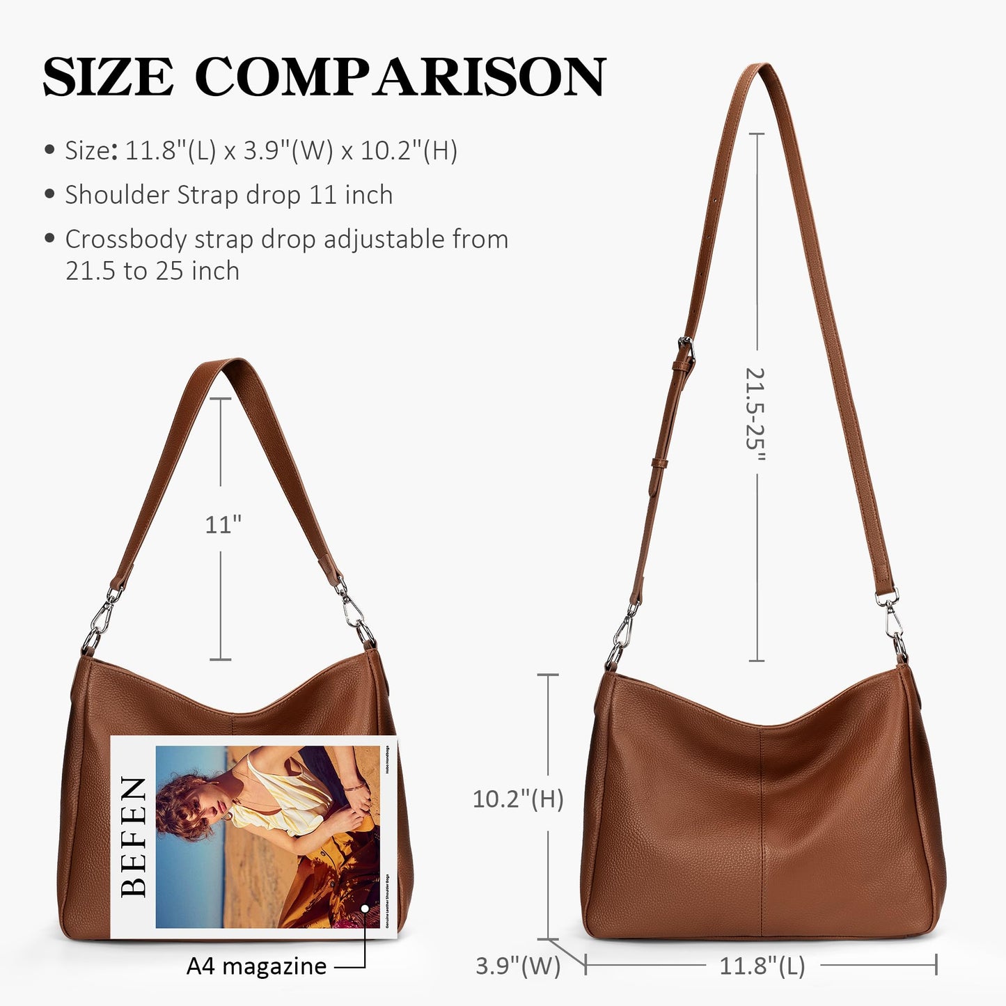 befen Genuine Leather Shoulder Bags Hobo Handbags Bag Small Durable Crossbody Purses for Women Everyday & Travel Cognac Brown