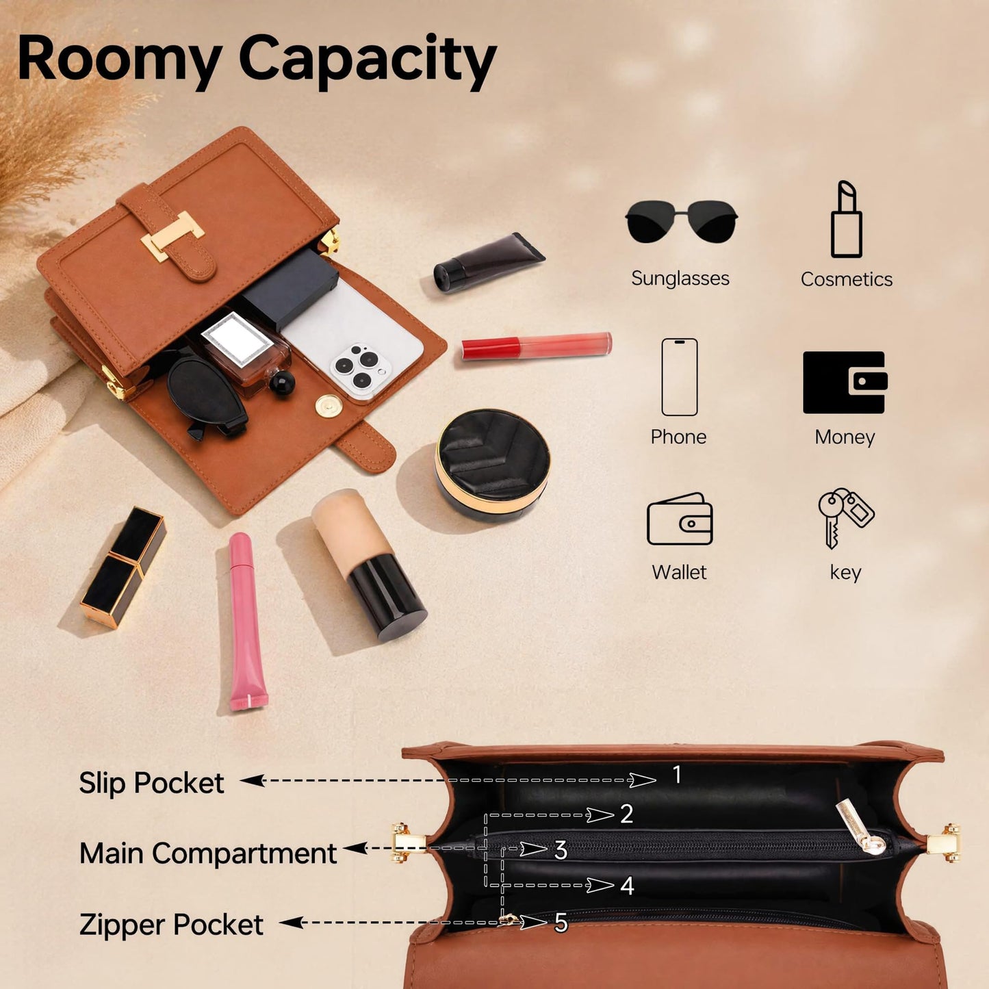 Kiss Sea Crossbody Bags for Women Leather Top Handle Purses Designer Shoulder Handbags with Adjustable Strap Brown