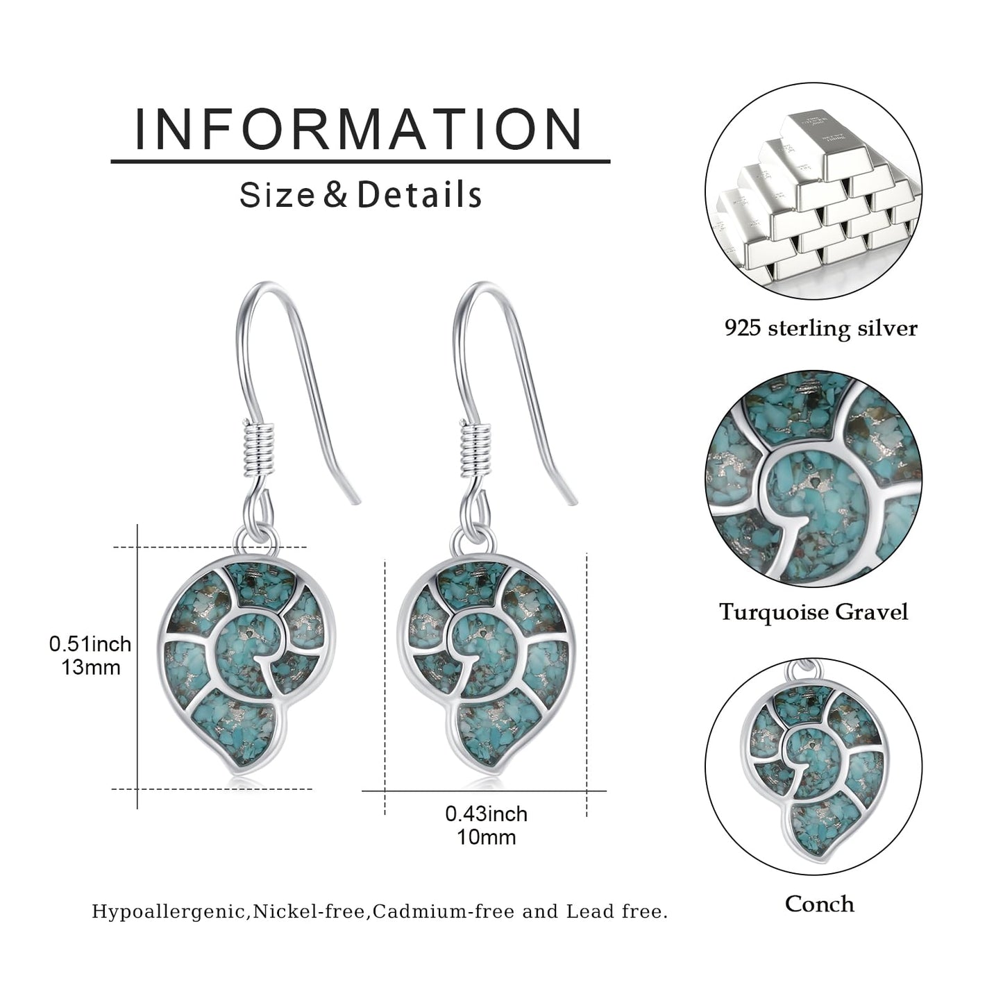 Conch Earrings for Women 925 Sterling Silver Sea Shell Dangle Drop Earrings Turquoise Ocean Earrings Beach Themed Jewelry Ocean Gifts for Friends