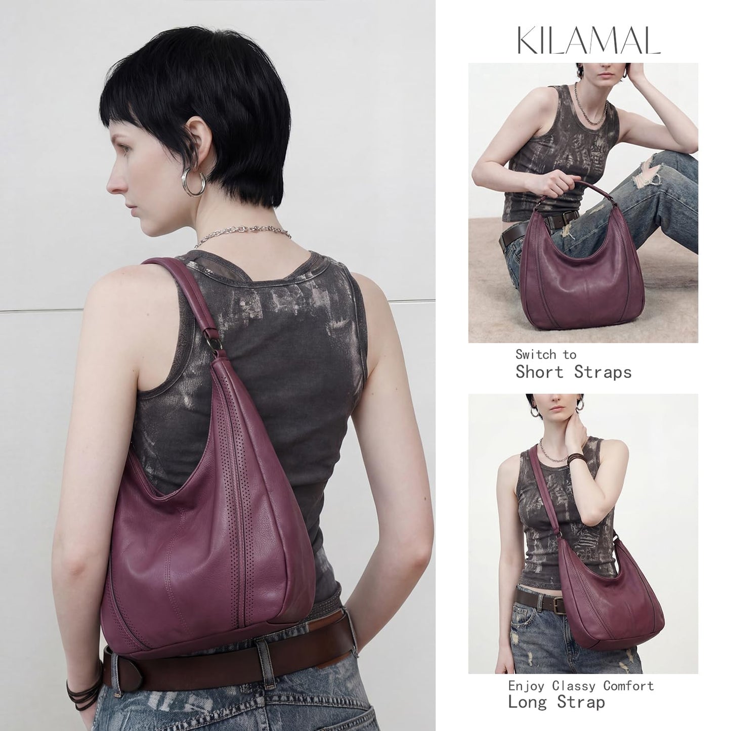KILAMAL Hobo Shoulder Bag Soft Leather Tote Purse with Adjustable Crossbody Strap Handbag for Work, Travel and Daily Use