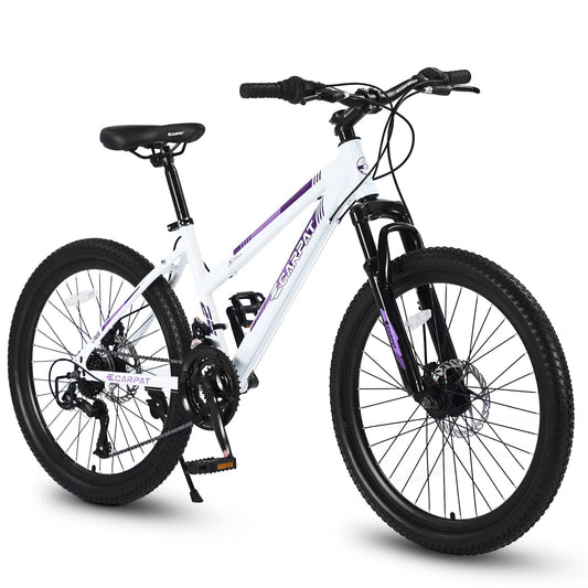 Ecarpat Women's Mountain Bike 24 Inch Wheels, 21-Speed Trail Commuter City Mountain Bikes, 15"/17" Carbon Steel Frame Female Bicycles Disc Brakes Front Fork, White