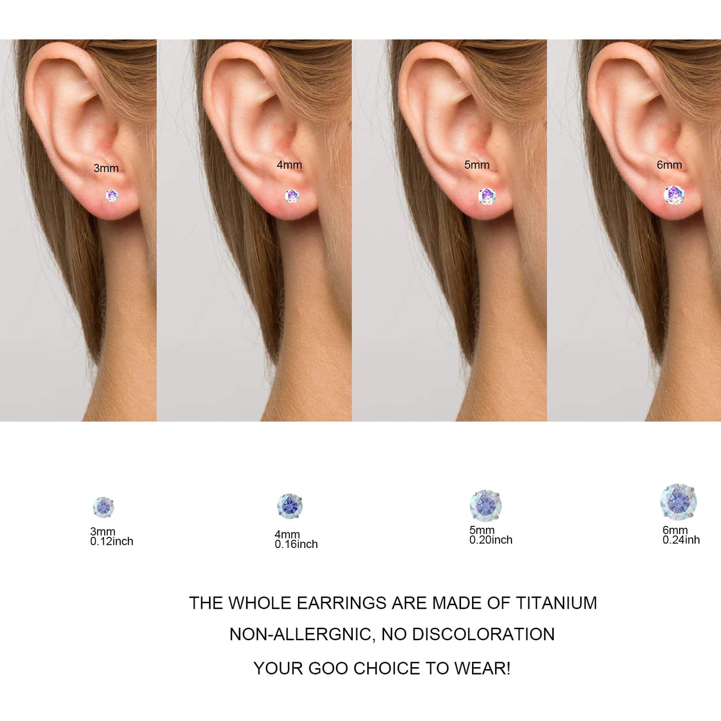 1 Pair Implant Grade Titanium Stud Earrings Set Hypoallergenic 3mm 4mm 5mm 6mm Cubic Zirconia G23 Titanium Earring Studs for Women Men for Sensitive Ear (6mm Aurora)