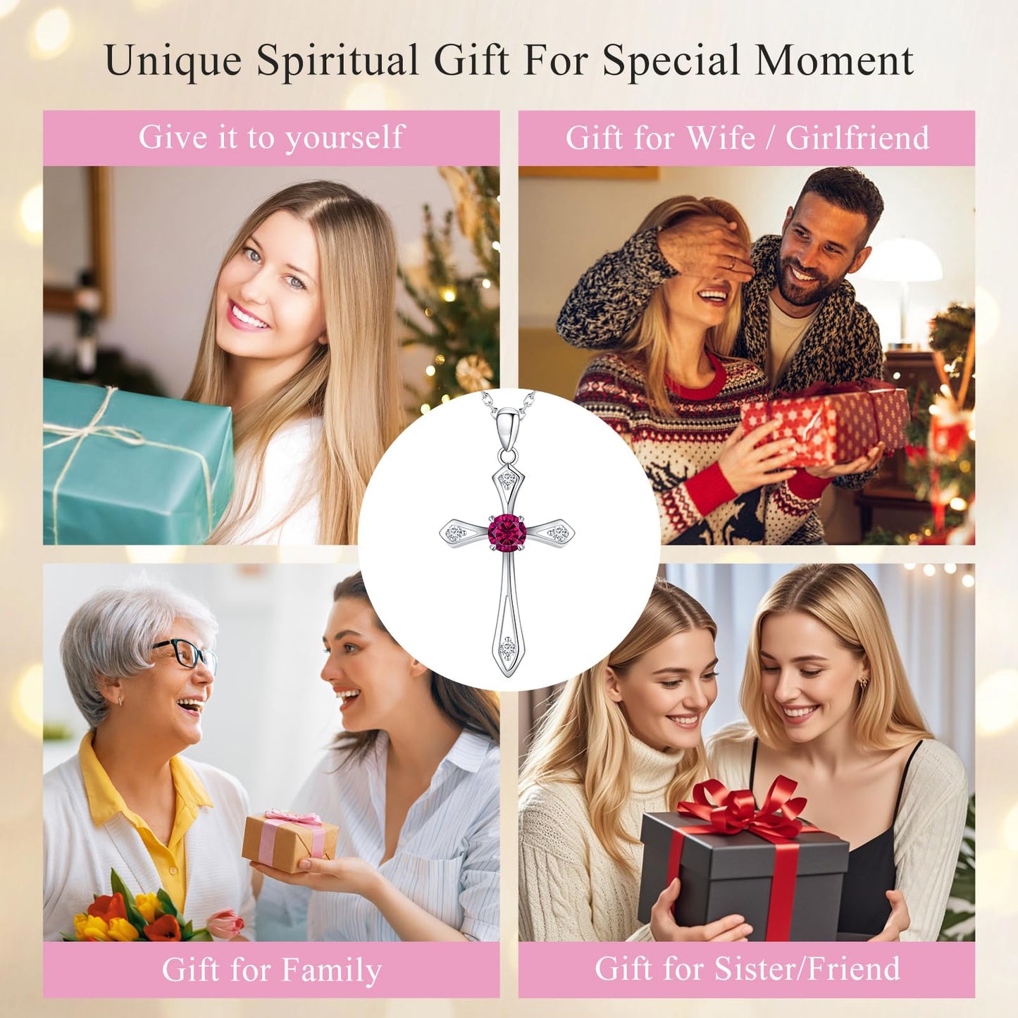 QUALISE Cross Necklace for Women,925 Sterling Silver July Birthstone Necklace Cross Pendant 5A CZ 12 Birth Months Birthstone Fine Ruby Jewelry Birthday Gifts for Her Wife Mom