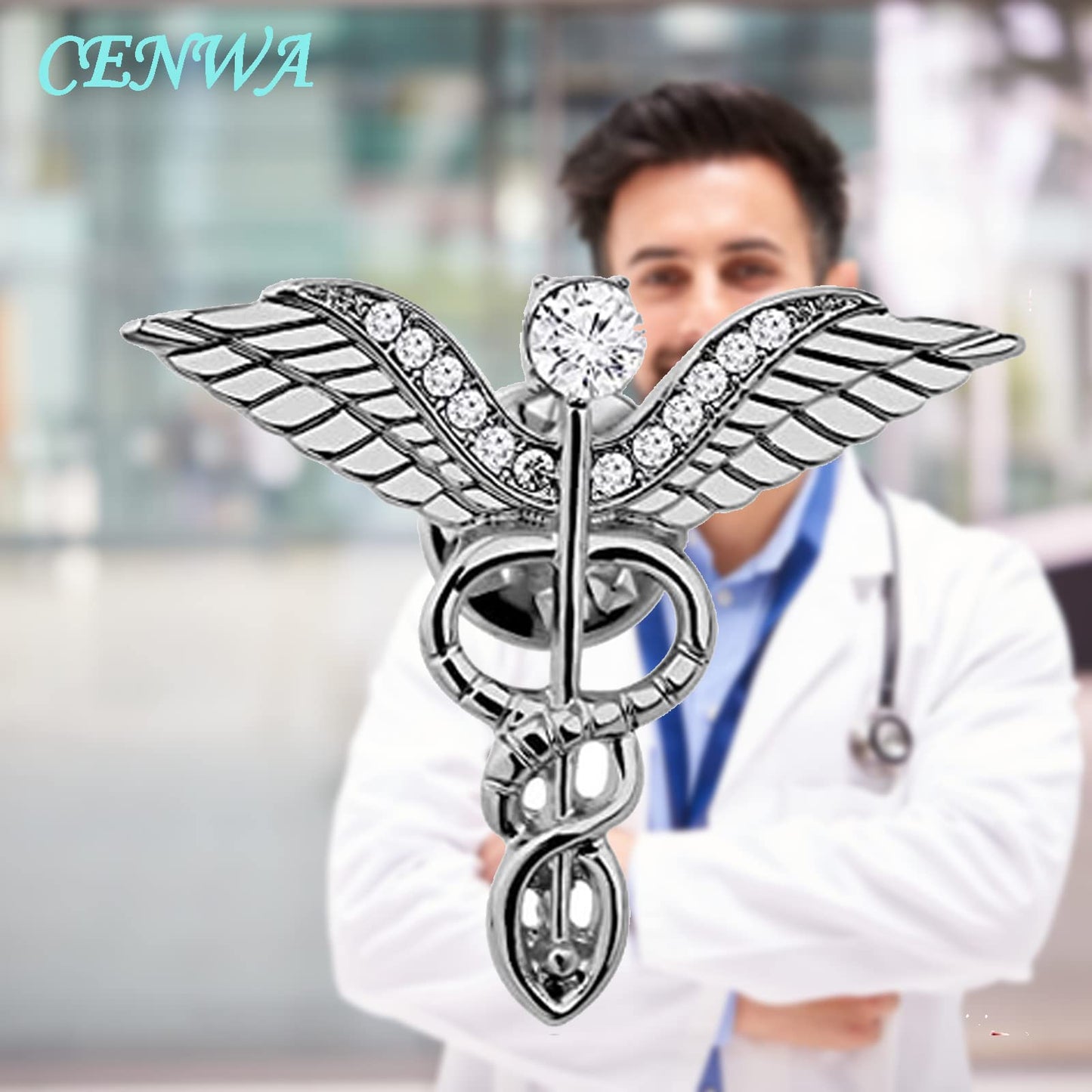 CENWA Medical Jewelry Wand Brooch Label Pin Emblem Pin Medicine Snake Caduceus Nursing Gift for Doctor Nurse Therapeutist (silver)
