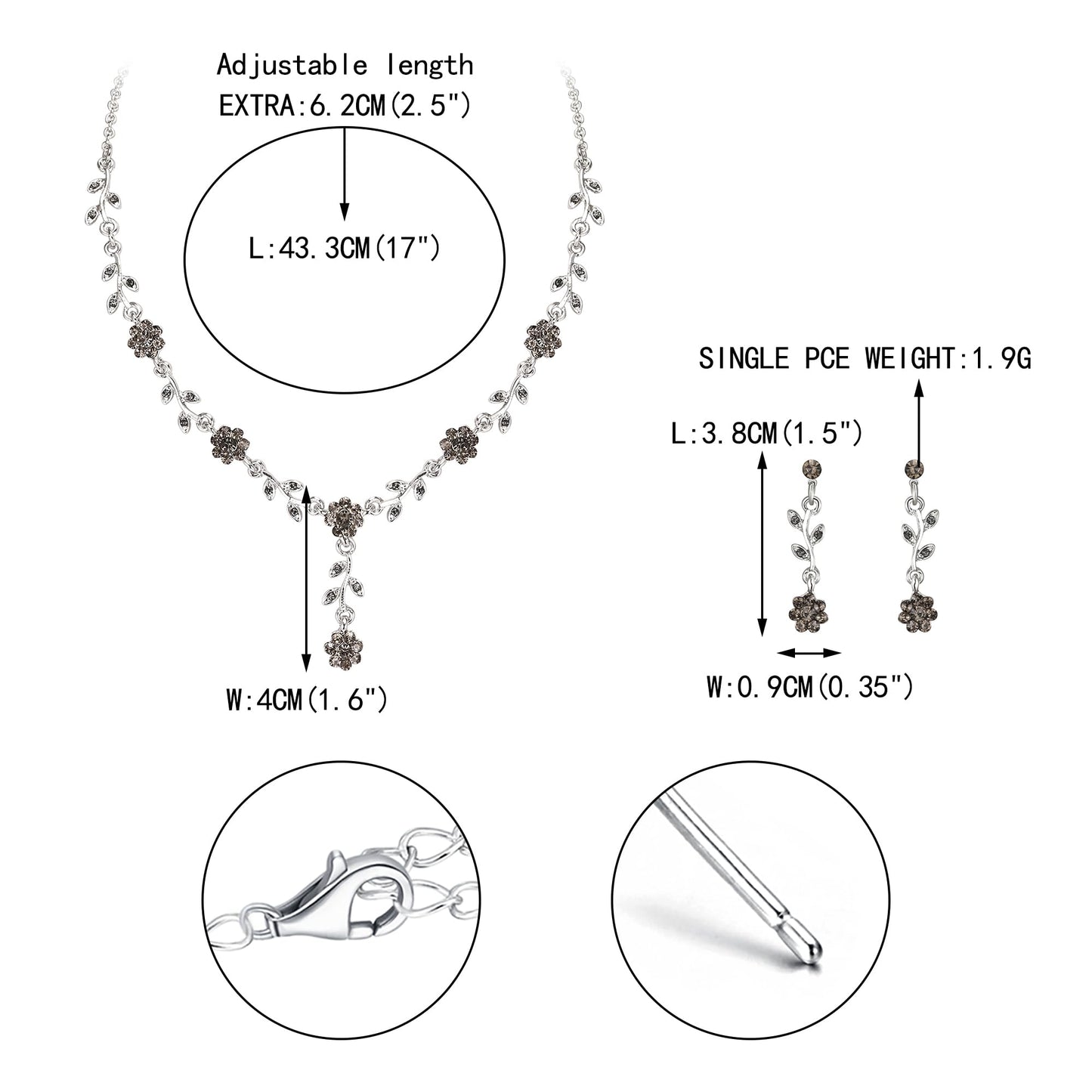 EVER FAITH Rhinestone Costume Jewelry Austrian Crystal Prom Party Feast Flower Necklace Earrings Set for Women Grey Silver-Tone