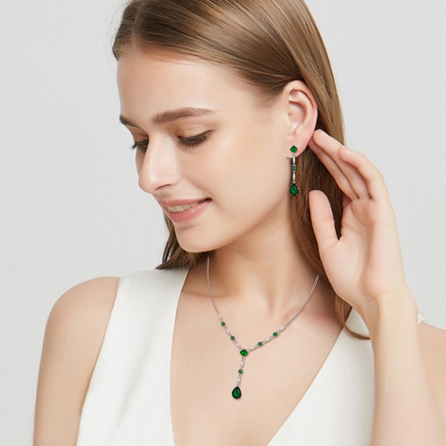 EVER FAITH Green Cubic Zirconia Jewelry Set Elegant Rhombic Birthstone Teardrop Wedding Prom Choker Necklace Dangle Earrings Sets for Women