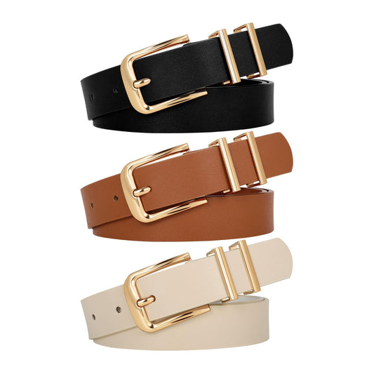 WERFORU 3 PACK Women Belt Women Fashion Leather Belts for Jeans Pants Ladies Belts with Gold Buckle,A-Black+Brown+Beige,Fit Waist Size 37-41 Inches