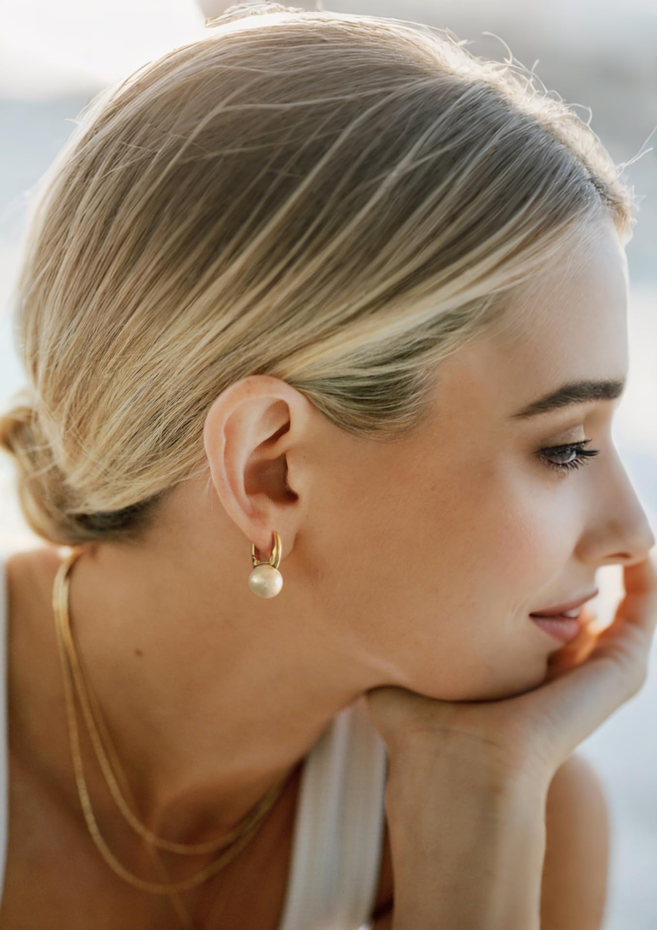 18k Gold Plated Pearl Drop Earrings for Women, Square Hoop Earrings with 12mm Shell Pearl, Dainty Wedding Jewelry for Bridal