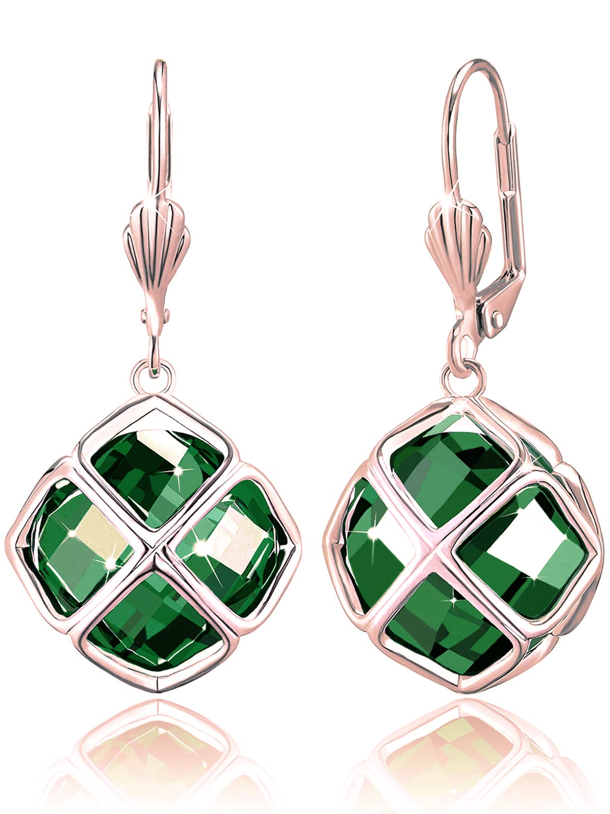 Big Dark Green Crystal Dangle Earrings for Women (May-Emerald-Rose Gold)