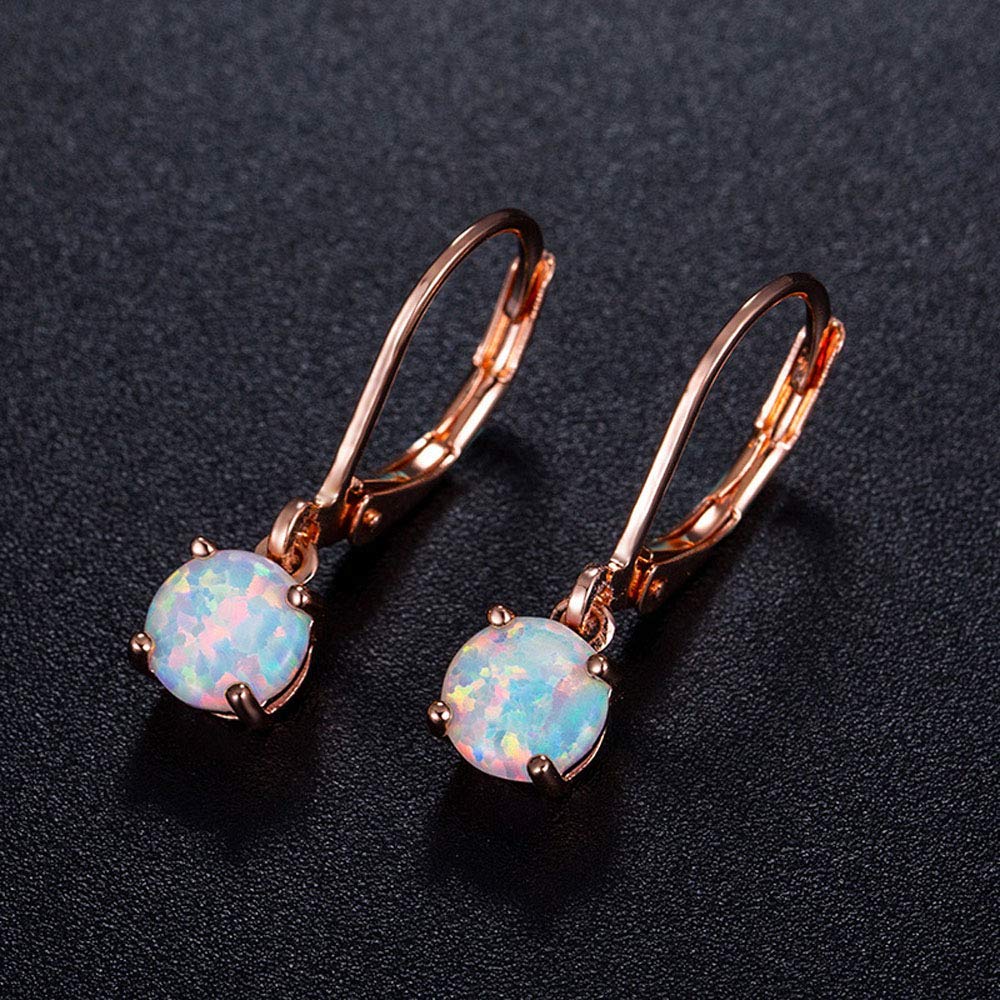 CiNily Rose Gold Plated Opal Drop Earrings,Leverback Hypoallergenic Dangle Earrings for Women Round-Cut Gemstone Opal Jewlery Gift