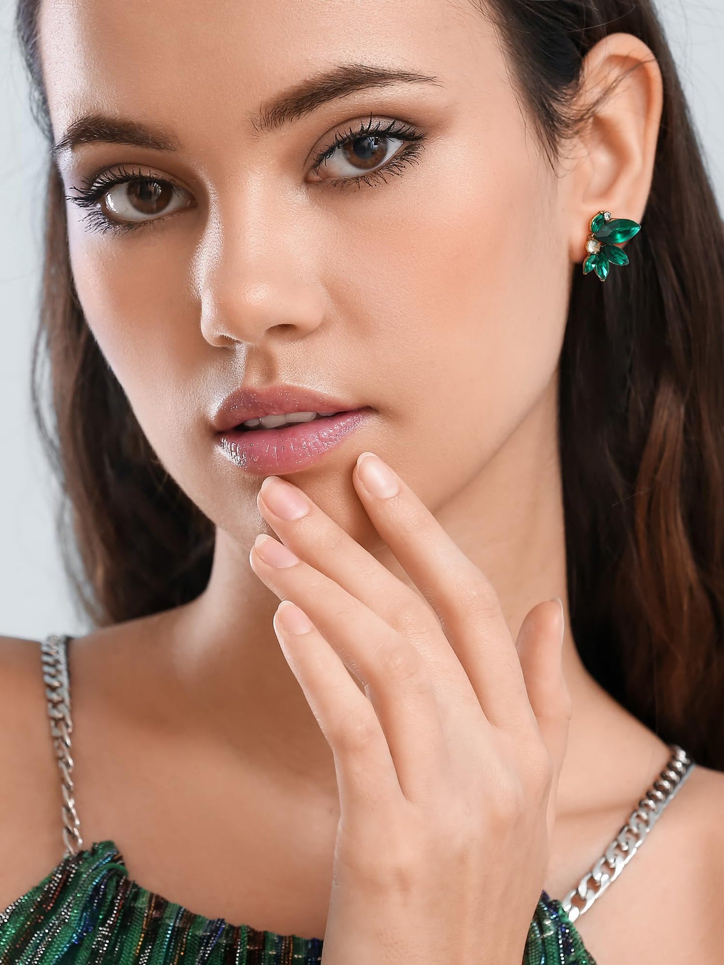 SWEETV Sparkly Green Rhinestone Stud Earrings for Women, Crystal Wedding Bridal Earrings for Brides,Cluster Bridesmaid Earrings, Prom Formal Party Jewelry