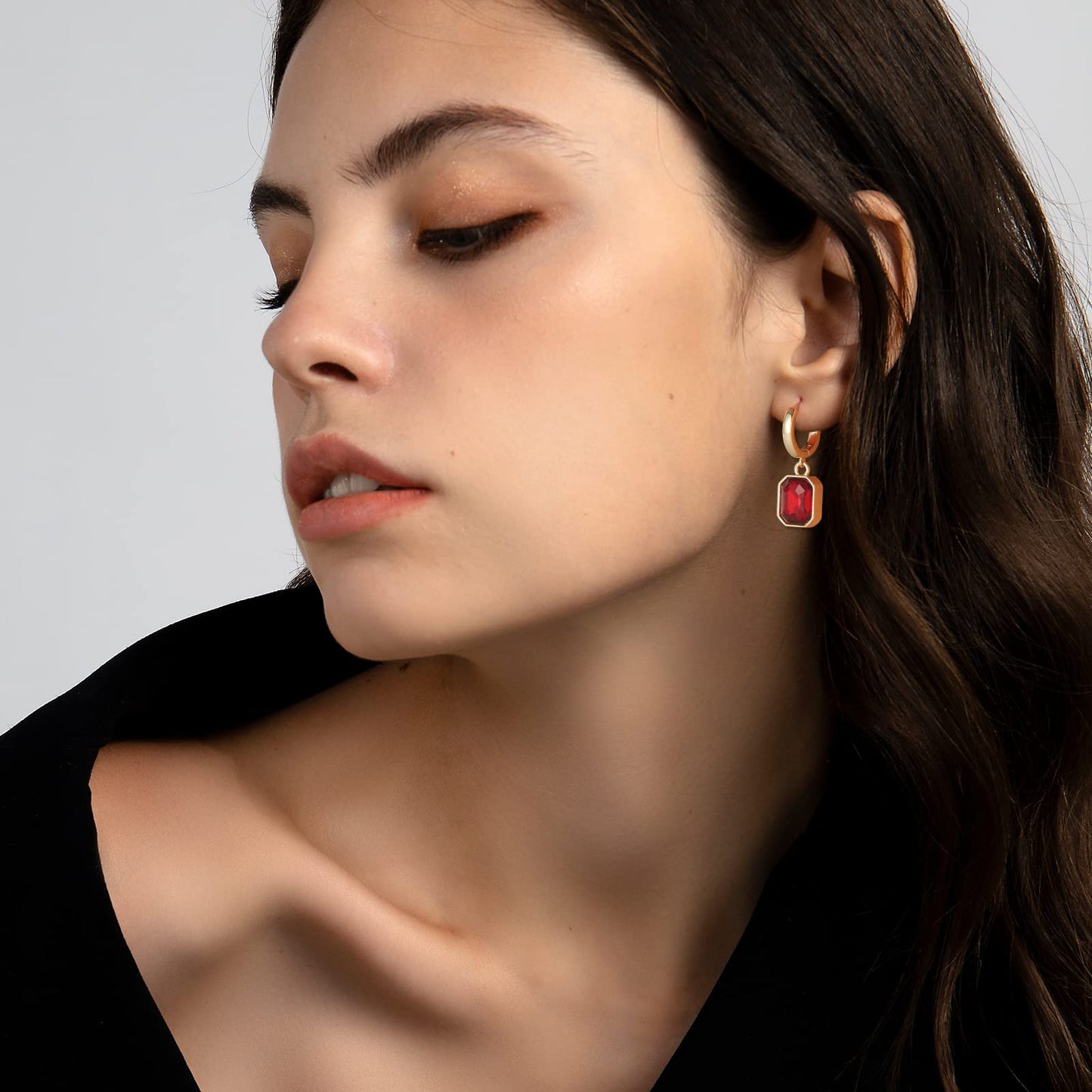 Birthstone Crystal Dangle Drop Earrings, 18K Gold Plated Huggie Hoop Hypoallergenic Earring Jewelry Gifts for Women (Red)