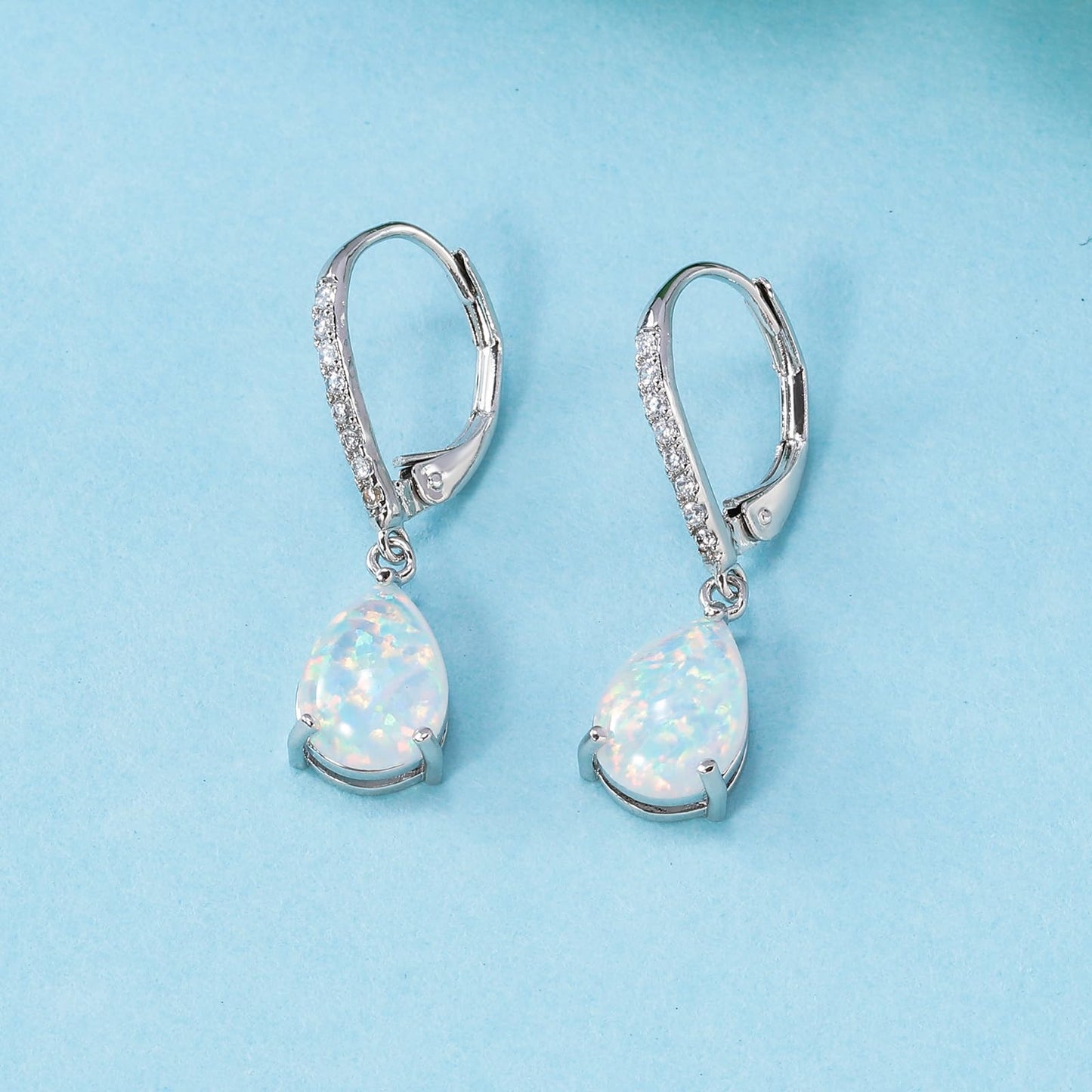Leverback White Opal Dangle Earrings 14k White Gold Plated Drop Earrings for Women Teardrop Earrings Elegant Jewelry Gifts for Mothers Day Birthday Party