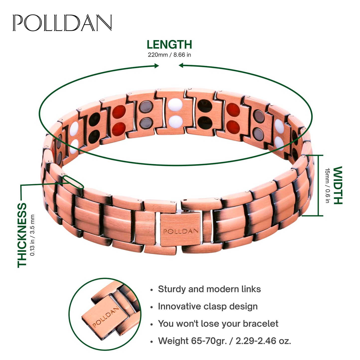 POLLDAN Copper Bracelet 6200 Gauss Power | Mens Bracelet 99.99% Pure Copper | Magnetic Bracelets for Men with Adjustable Fit & Sizing Tool | Stylish Men's Copper Jewelry | Copper Gifts for Him (2X Pure Copper)