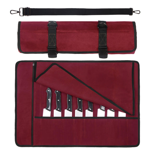 Chef Knife Roll Bag,Waxed Canvas Knife roll bag,Portable 10 Slots Chef Knife case with 1 Zipper Pockets,Heavy Duty Knives Roll Bags for Chef Case for Camping and Hold Home Kitchen Knife Tools Up (Red)