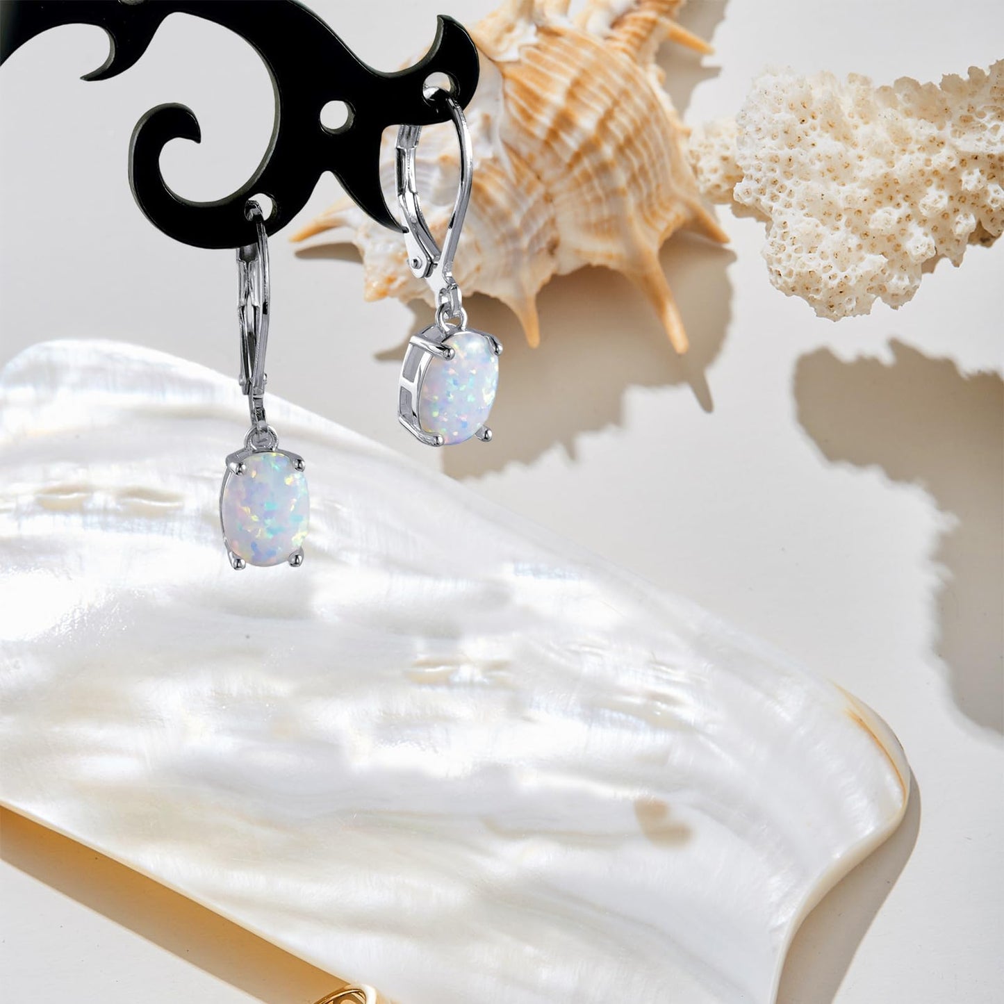 Gemsme Opal Dangle Earrings,18K White Gold Plated Gemstone Opal Leverback Earrings for Women Hypopallergenic Jewelry
