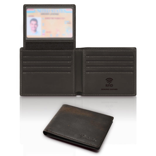 Travelambo Genuine Leather Wallet for Men with Gift Box - Handmade Bifold Stylish - Mens Wallets Rfid Blocking with 2 ID Windows