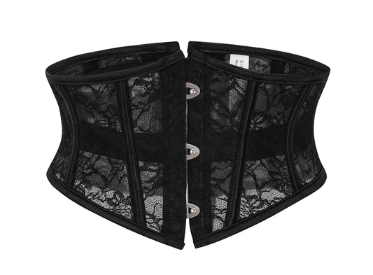 YUNAR Women's Vintage Oil Painting Floral Lace Up Boned Underbust Corset Waist Cincher Belt Shaper (US, Alpha, Medium, Regular, Regular, Black Lace)