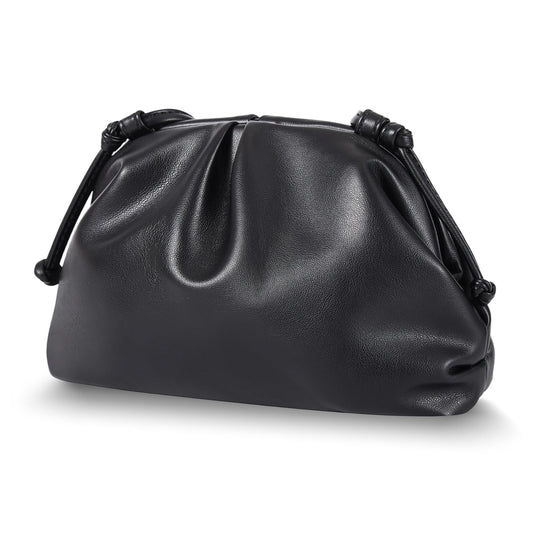 Huralona Dressy Pleated Vegan Leather Clutch Purse Super Soft Cloud Dumpling Clutch Bag for Women PU Evening Purse Handbag (Black, M)
