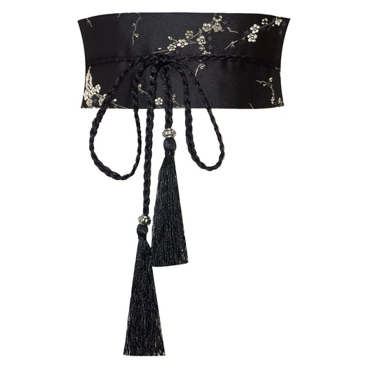 ZooBoo Chinese Satin Embroidered Waist Belt–Hanfu Tassel Waist Cincher Traditional Floral Brocade Obi Sash for Women