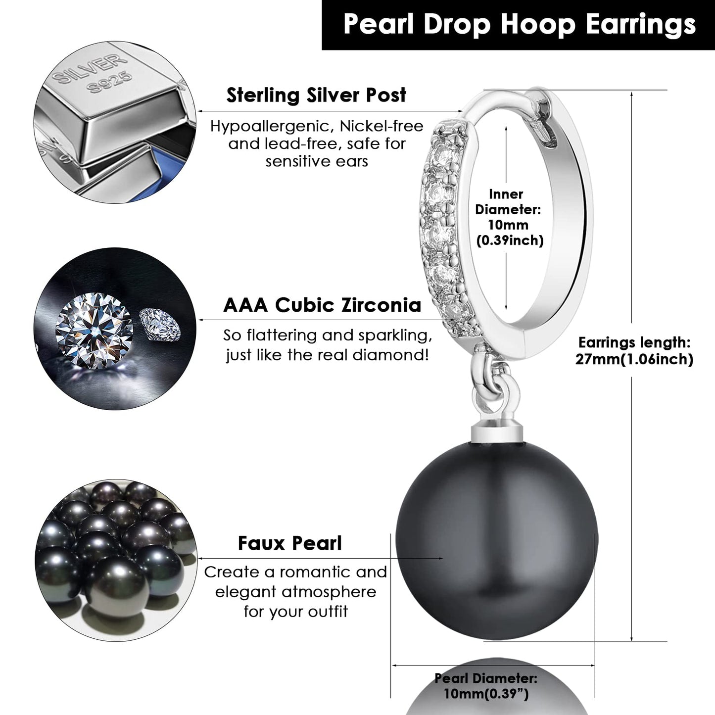 CERSLIMO Black Pearl Drop Earrings for Women | S925 Sterling Silver Post Simulated Shell Pearl Hoop Dangle Earrings, Hypoallergenic Cubic Zirconia Huggies Earrings Jewelry