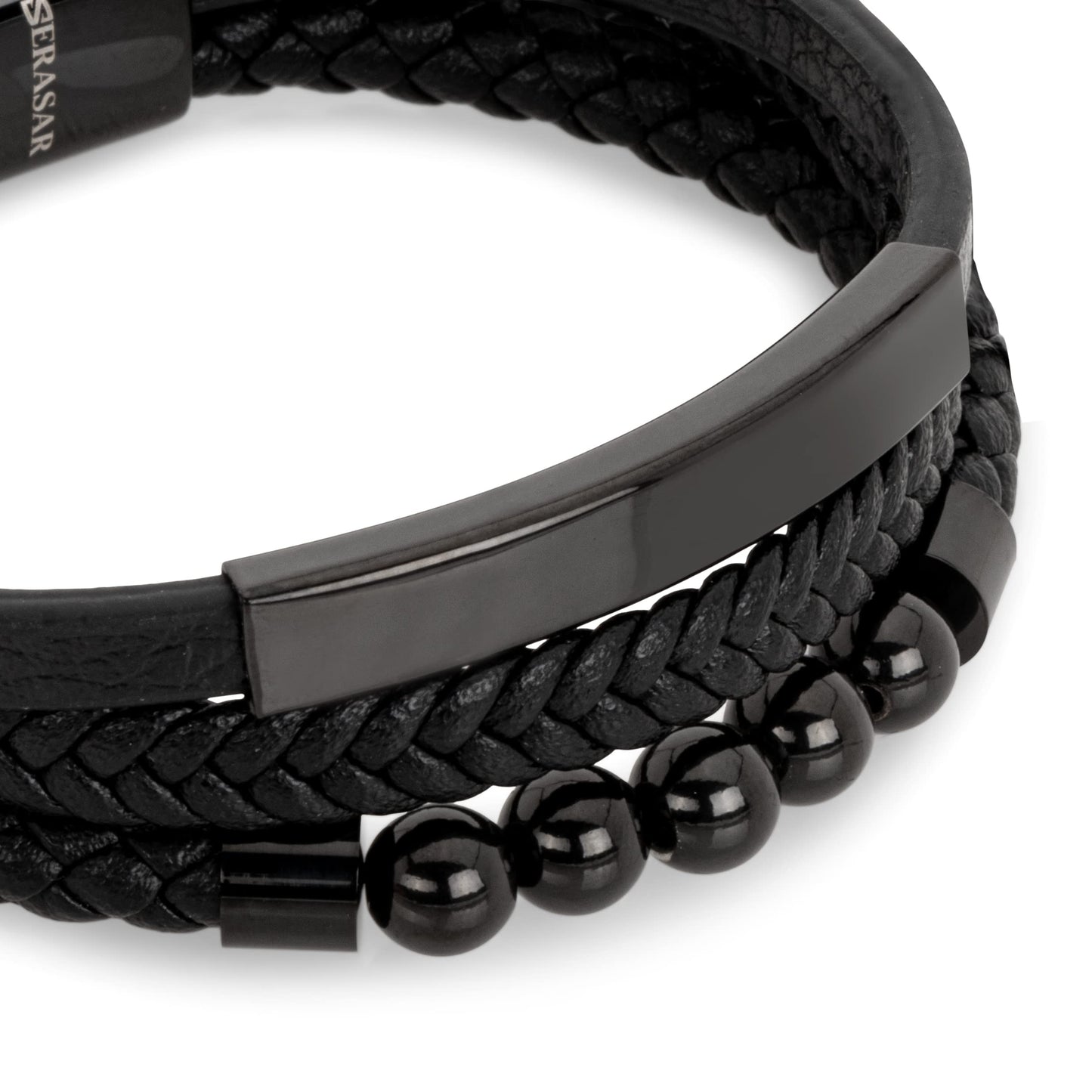 SERASAR Pulsera de cuero negro para hombre 23cm negra Hombres Caja regalo genuino Trenzado Multicapa Abrigo Pulseras masculinas Joyas magnéticas