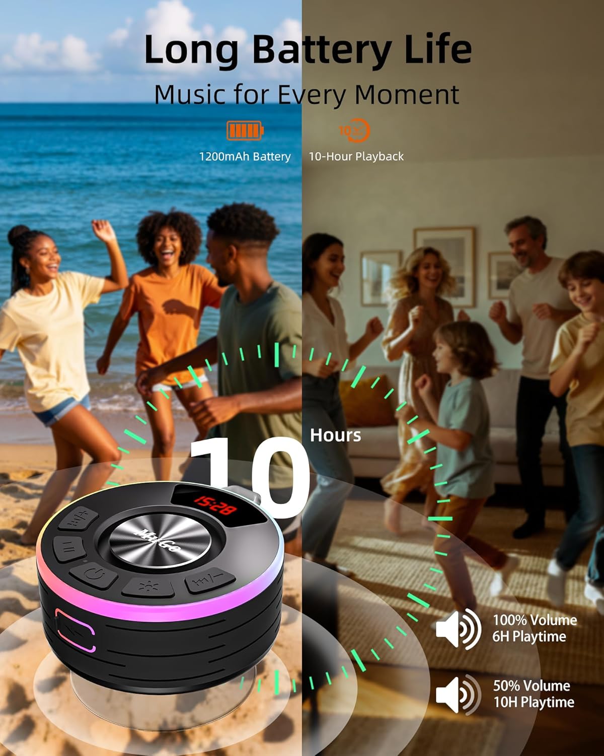 MuGo IPX7, 360 5.3 Shower Bluetooth Speaker Waterproof HD Stereo Sound Bathroom Speaker Bluetooth with RGB Lights
