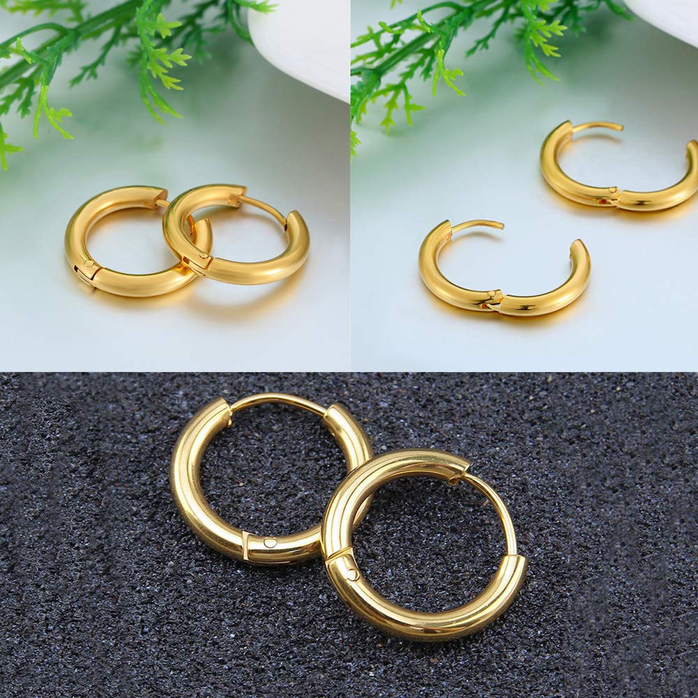 316L Surgical Stainless Steel Huggie Hoop Earrings 12mm Gold Hypoallergenic Earrings Hoop Cartilage Helix Lobes Hinged Sleeper Earrings For Men Women(E01:12mm Gold(THK 2.0mm))