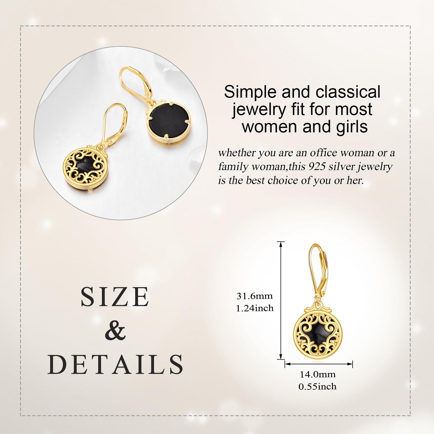 Black Onyx Dangle Drop Earrings for Women Sterling Silver 18K Yellow Gold Plated Filigree Black Onyx Leverback Earrings Jewelry Gifts