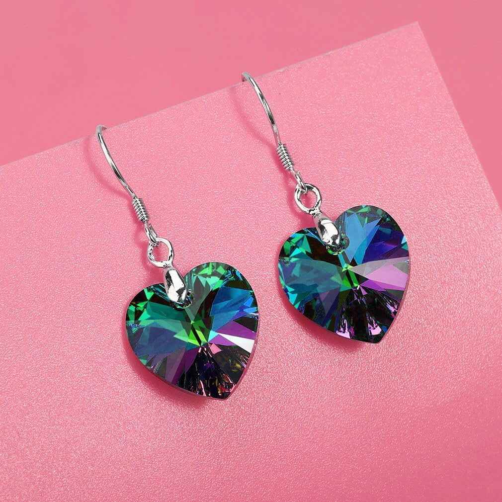 Austrian Crystal Heart Drop Dangle Earrings for Women 925 Sterling Silver Hook Hypoallergenic Earring (Rainbow)