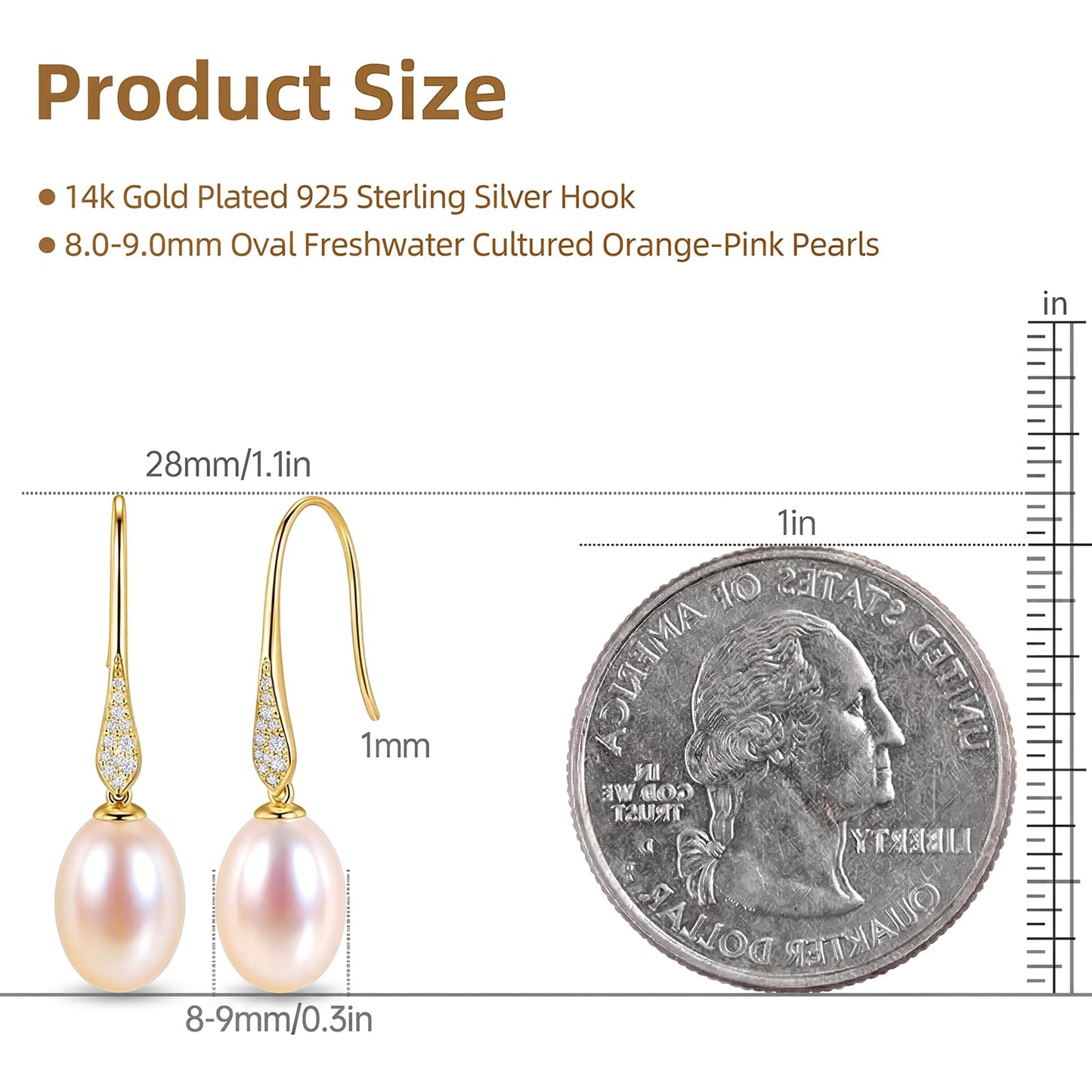 Pearl Drop Earrings for Women, Gold Plated & 925 Sterling Silver, Pink & White Dangle Earrings, Dainty Cute Elegant Bridal Wedding Gift for Her