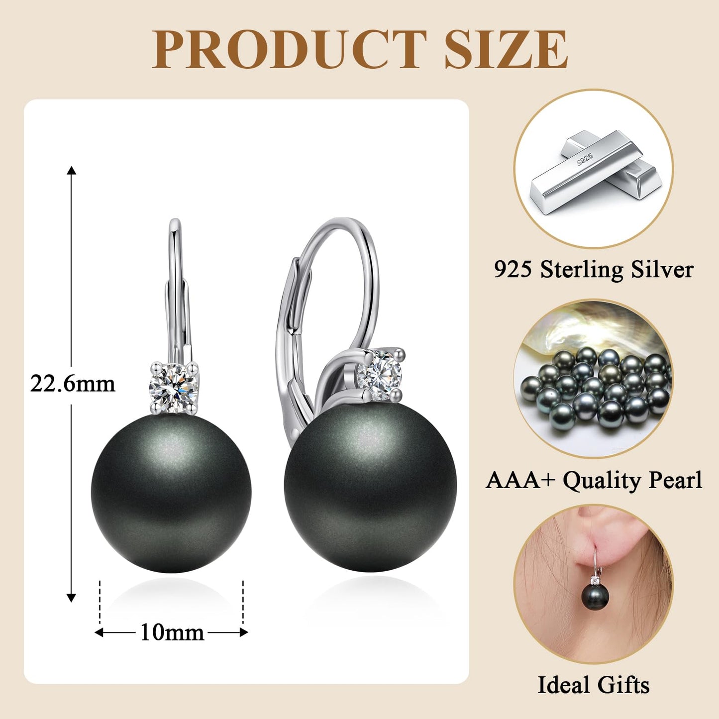Black Pearl Leverback Earrings Pearl Dangle Drop Earring for Women 925 Sterling Silver Cubic Zirconia 10mm Jiahanzb
