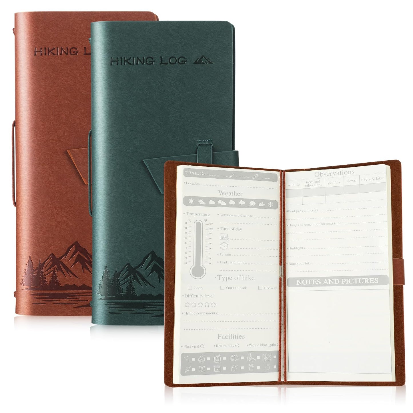 Fulmoon 2 Pcs 8 x 3.7 Inch Hiking Logbooks Books PU Leather Hiking Journal for Travel Diary Planner Birthday Gifts Adventure Sketchbook Women Men Lovers, Green, Brown