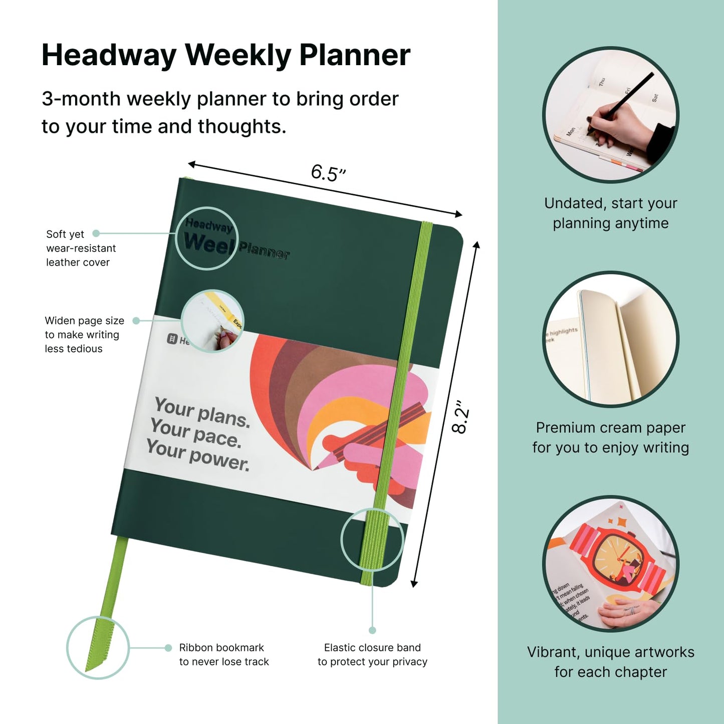Headway 2026 Planner, 3-Month Leather Soft Cover Calendar Planner for Women, 8.2" x 6.5", Agenda & To-Do List Book with Bookmark, Undated Daily & Weekly Pages, Organizer for School Home Office, Green