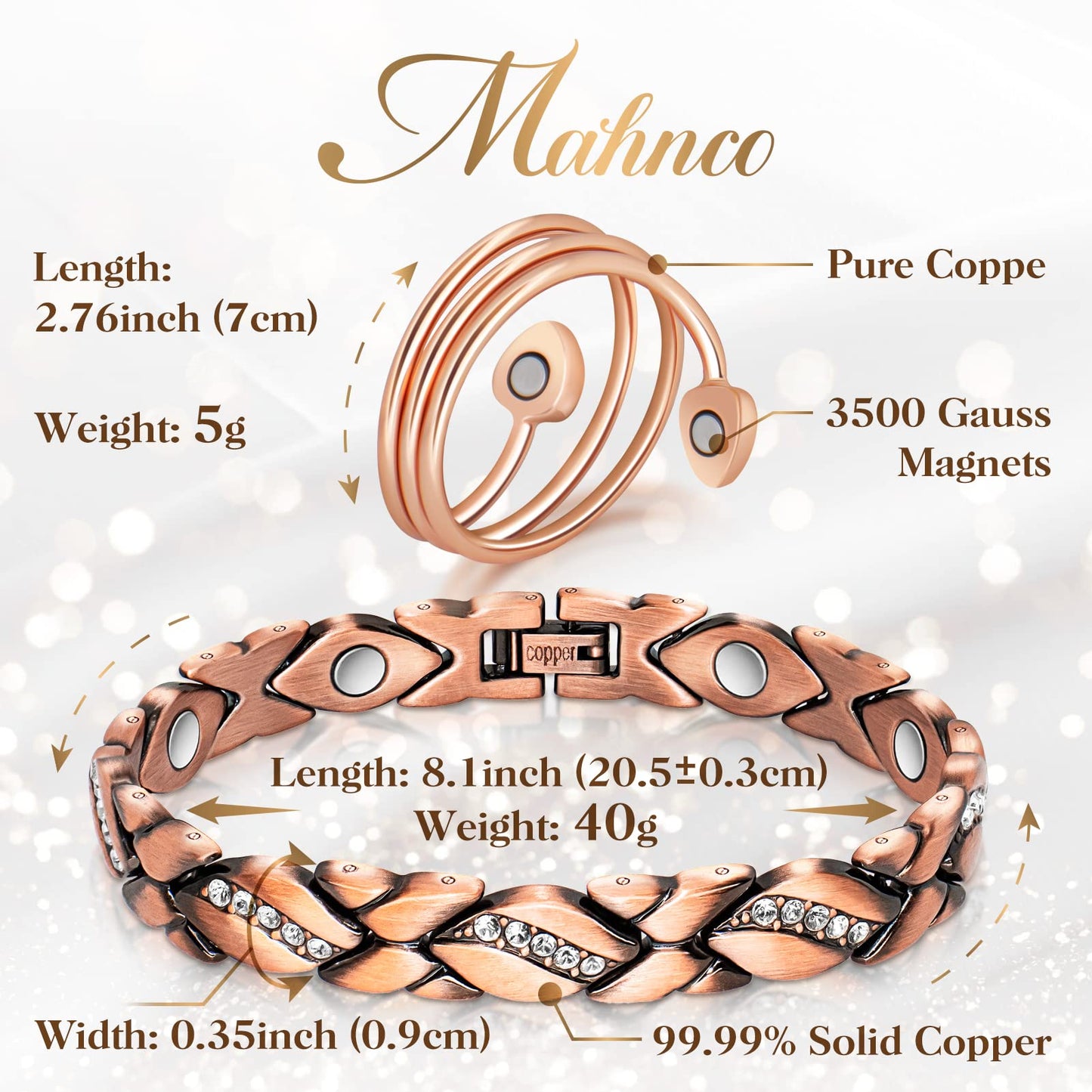 Copper Bracelets for Women, Magnetic Bracelets for Women & Heart-Shaped Lymphatic Drainage Ring with 3500 Gauss Magnet Classic Crystal Design Jewelry Gift