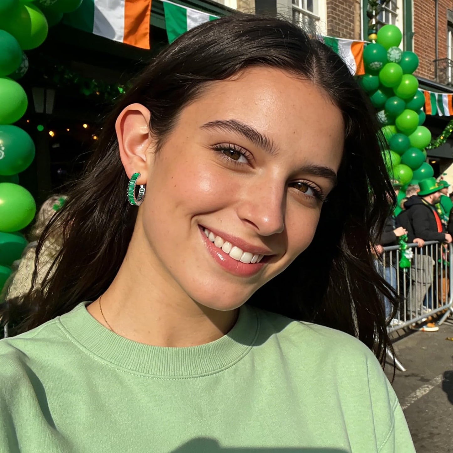 GLOQUAT Green Hoop Earrings St Patrick's Day Earring Accessories for Women Cubic Zirconia Hoops for Irish Festival Trendy Baguette Hoop Earring Womens Emerald Green St Patty's Jewelry Gifts 25mm