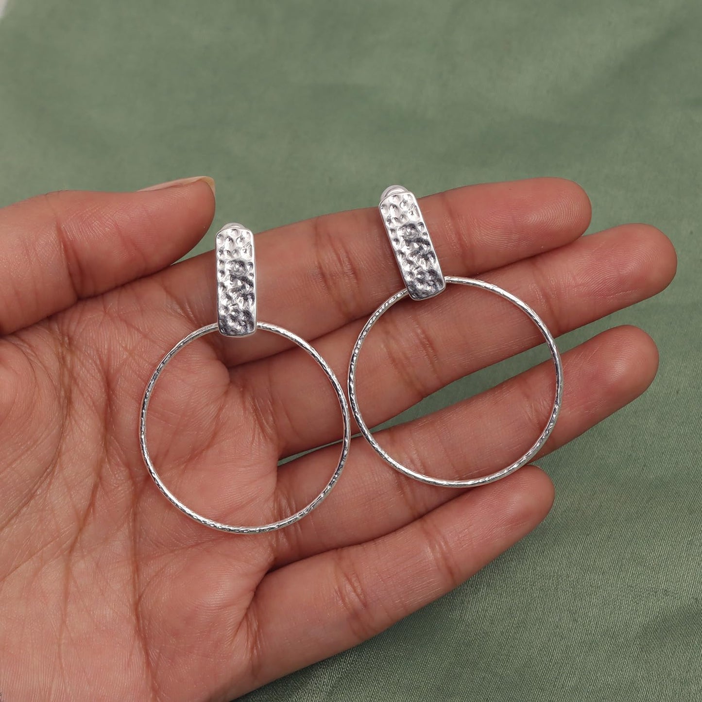 LeCalla 925 Sterling Silver Open Round Drop Dangle Hoop Earring Lightweight Hammered Bar Circle Endless Summer Textured Stud Hoop Earrings for Women 50 MM