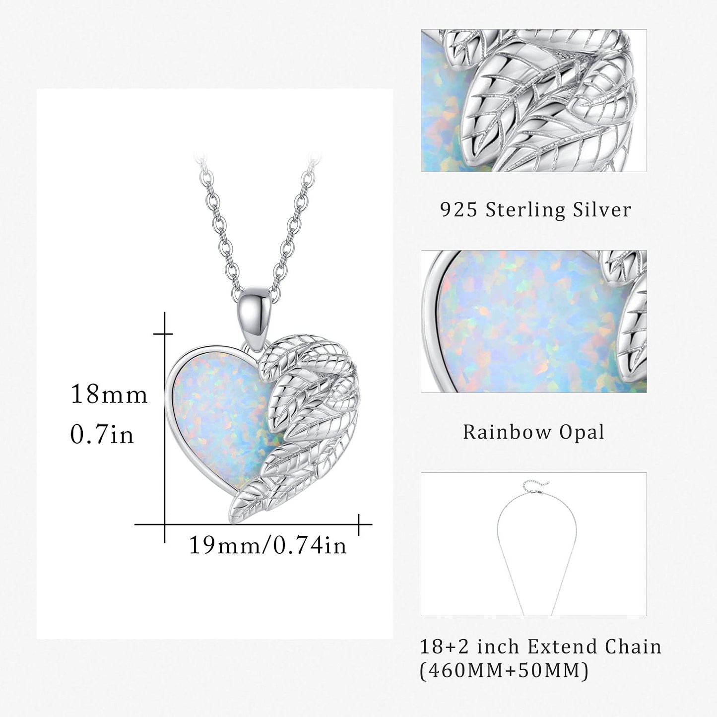 CUOKA MIRACLE Angel Wing Heart Opal Necklace 925 Sterling Silver Guardian Angel Wings Pendant Necklace Half Wing Pendant Dainty Rainbow Opal Necklace Jewelry for Women Mon Gifts